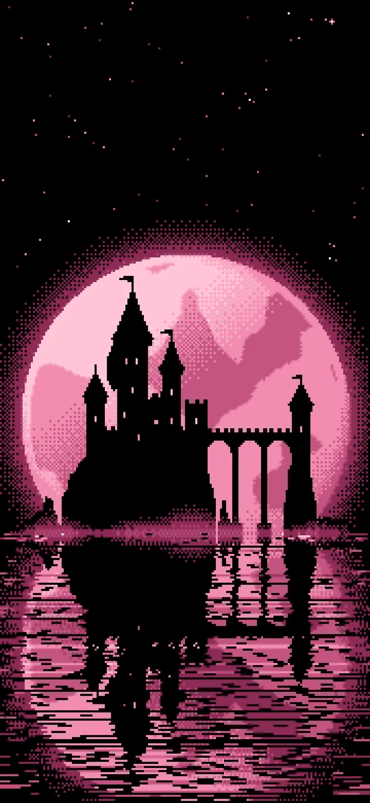 Pink Pixel Art Castle and Full Moon wallpaper for iPhone and Android