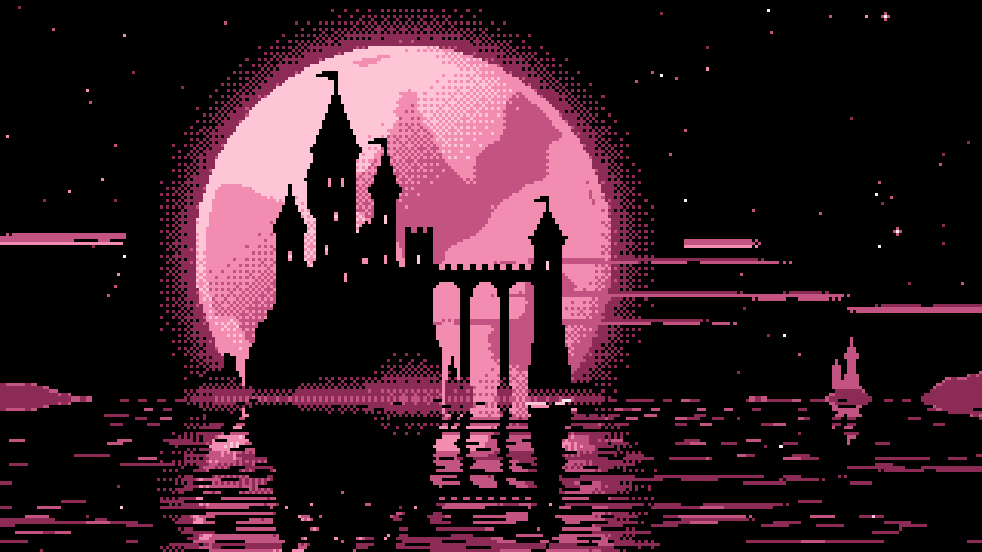 Pink Pixel Art Castle and Full Moon desktop wallpaper in 4K