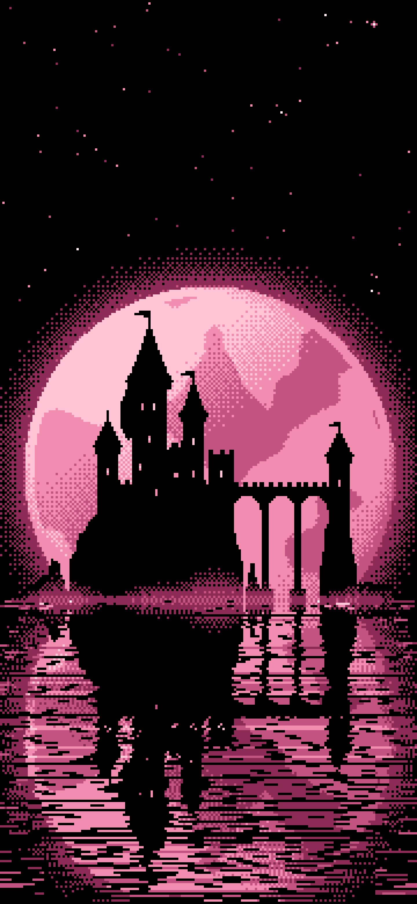 Pink Pixel Art Castle and Full Moon wallpaper for iPhone and Android