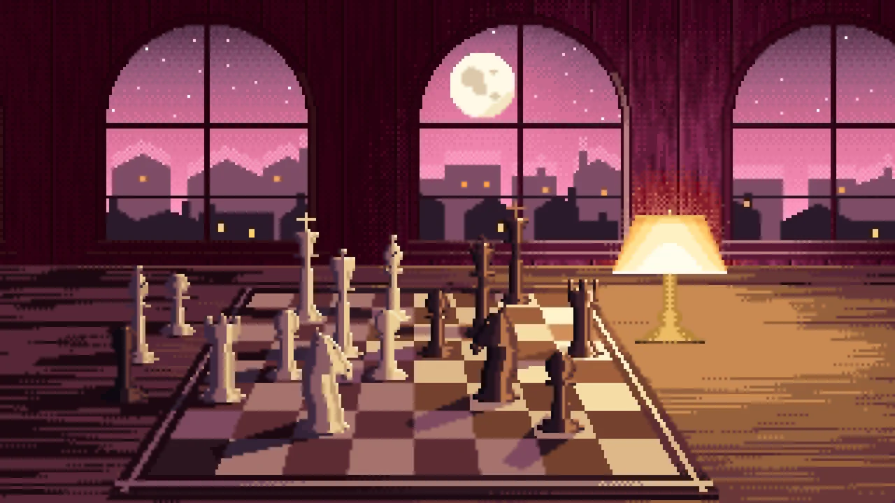 Pink Pixel Art Chess Board by a Moonlit Window desktop wallpaper in 4K