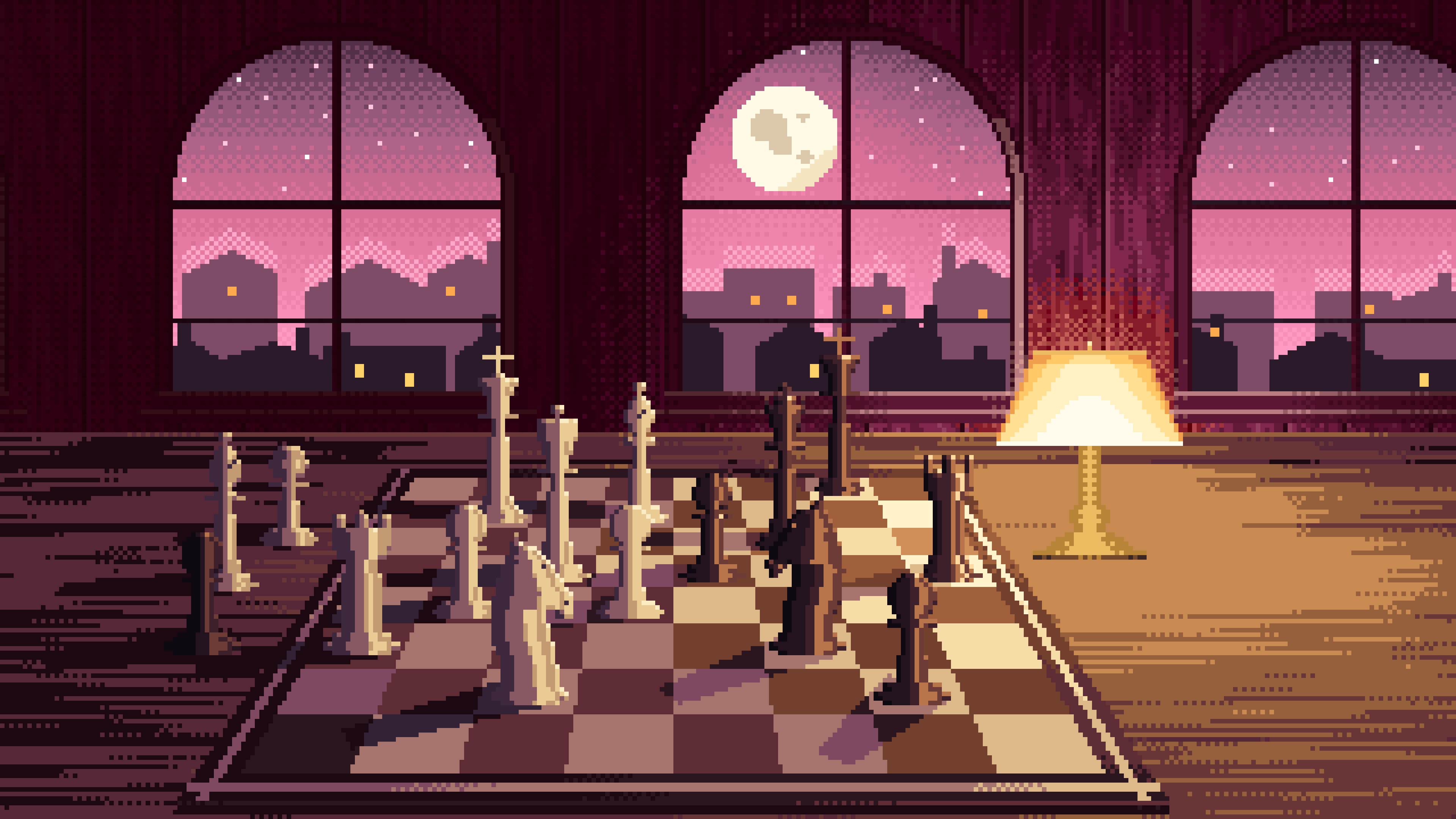 Pink Pixel Art Chess Board by a Moonlit Window desktop wallpaper in 4K