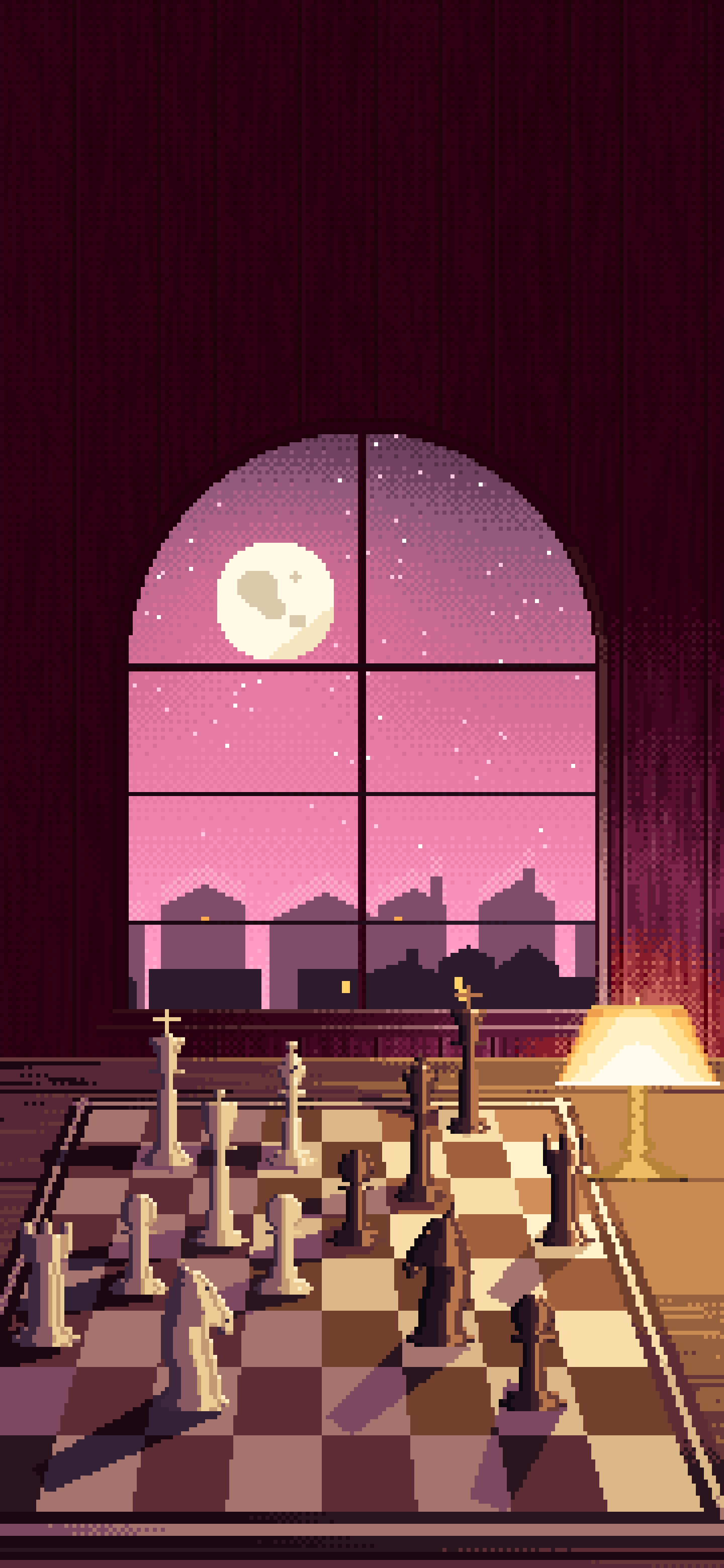 Pink Pixel Art Chess Board by a Moonlit Window wallpaper for iPhone and Android