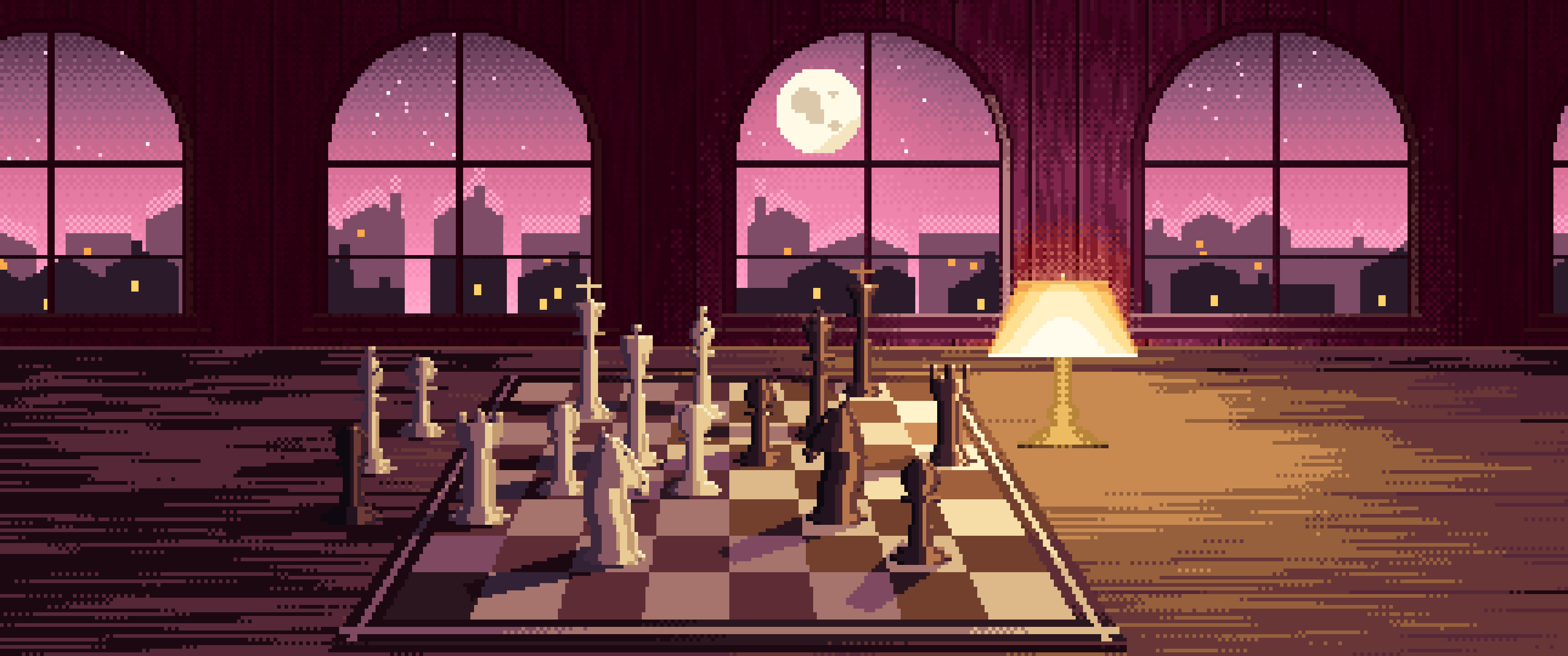 Pink Pixel Art Chess Board by a Moonlit Window ultrawide wallpaper, 3440 × 1440