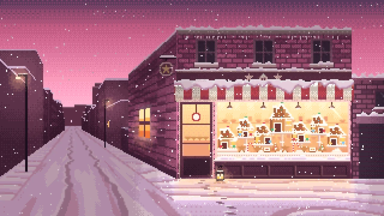 Pink Pixel Art Christmas Gingerbread Bakery desktop wallpaper in 4K