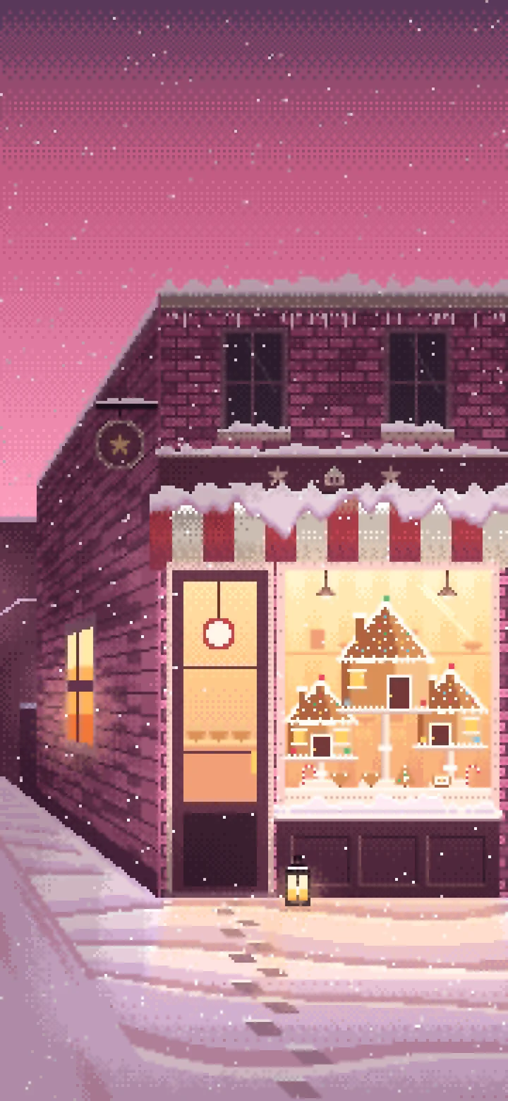 Pink Pixel Art Christmas Gingerbread Bakery wallpaper for iPhone and Android