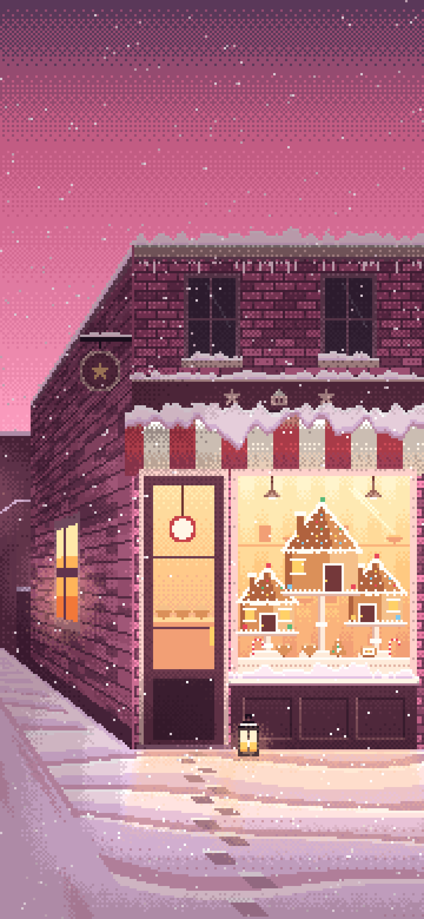 Pink Pixel Art Christmas Gingerbread Bakery wallpaper for iPhone and Android