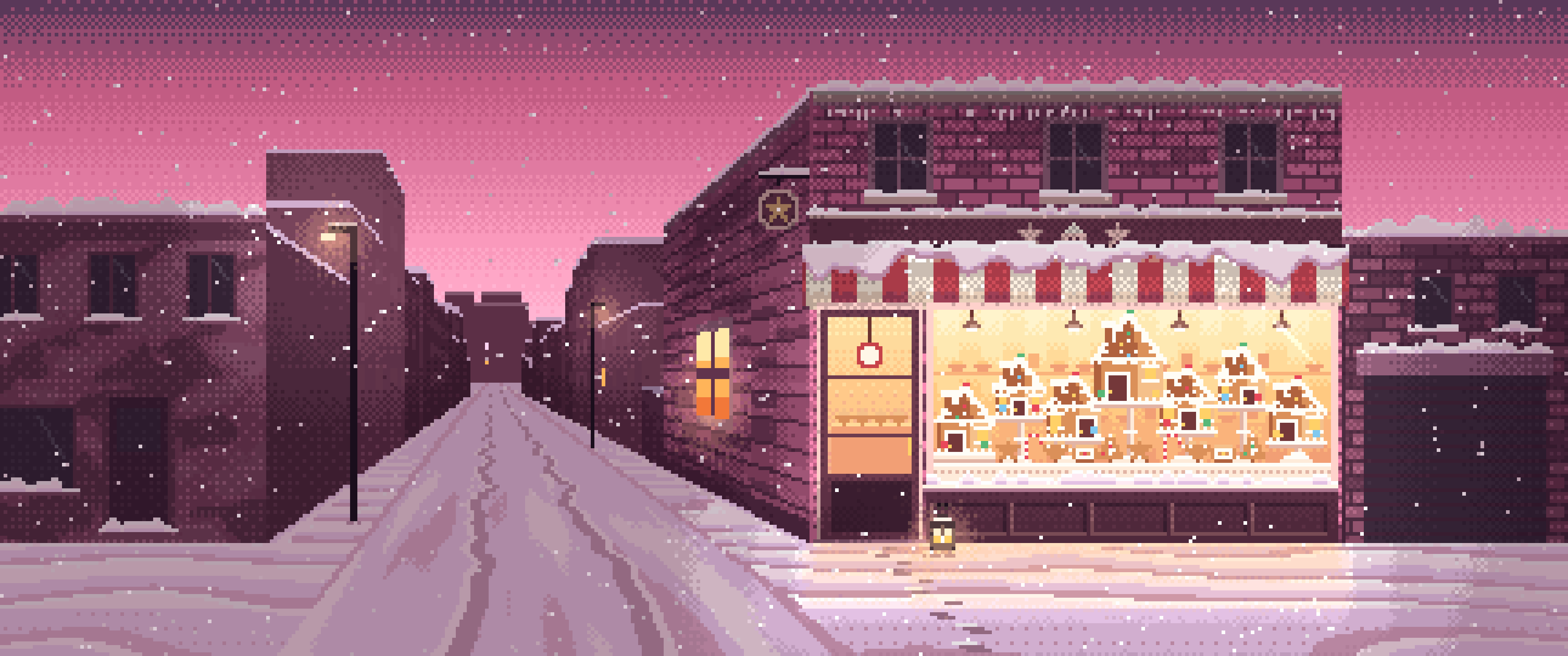 Pink Pixel Art Christmas Gingerbread Bakery ultrawide wallpaper, 3440 × 1440