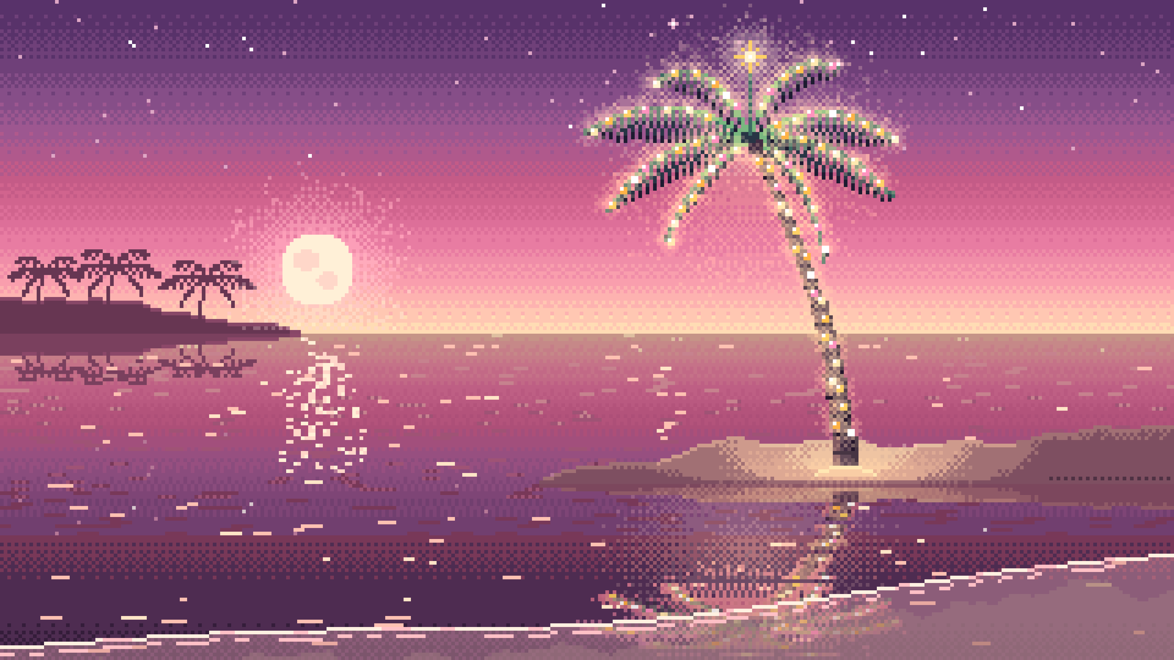 Pink Pixel Art Christmas Palm Tree on the Beach desktop wallpaper in 4K