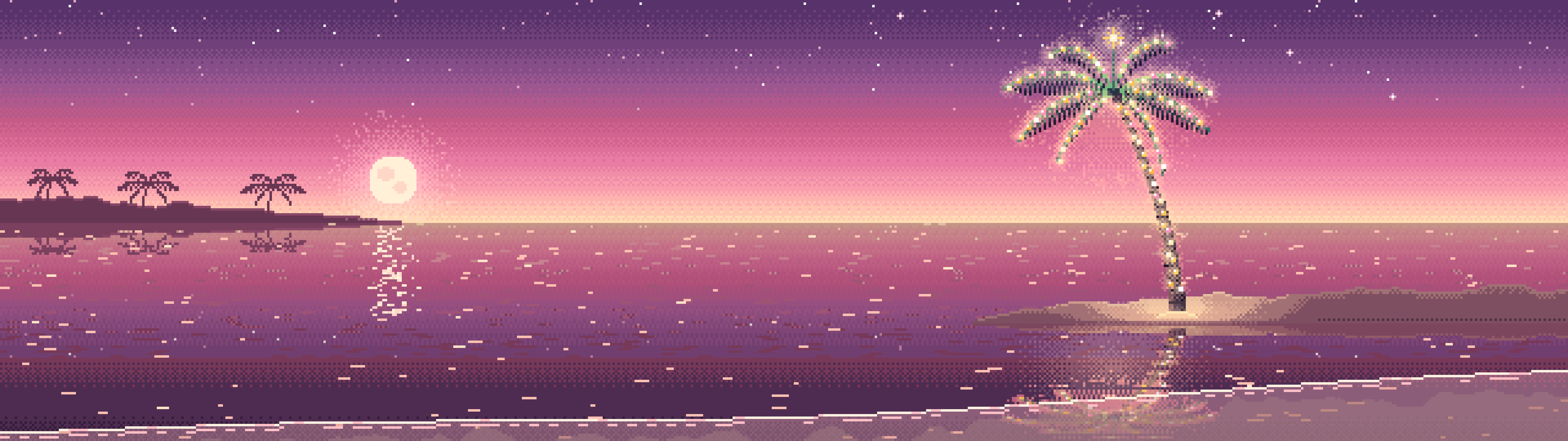 Pink Pixel Art Christmas Palm Tree on the Beach dual monitor wallpaper, 7680 × 2160