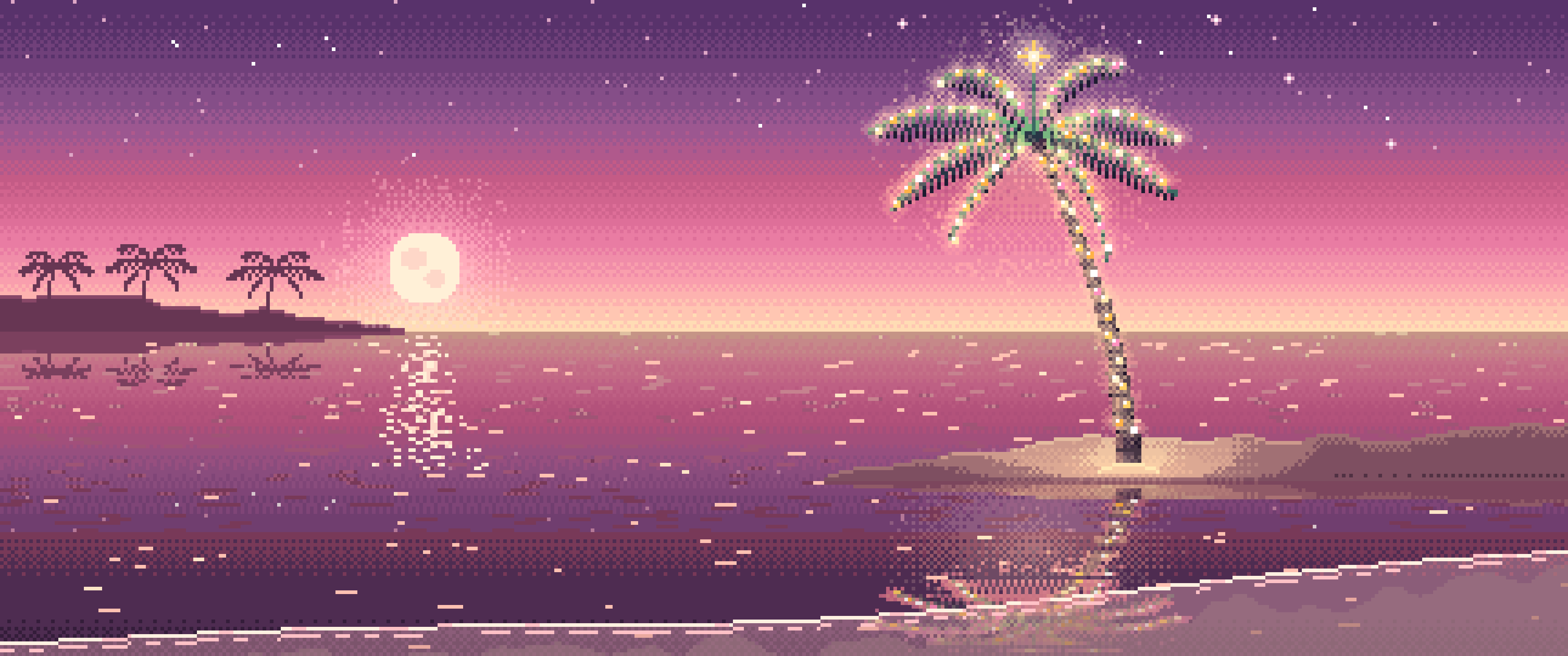 Pink Pixel Art Christmas Palm Tree on the Beach ultrawide wallpaper, 3440 × 1440