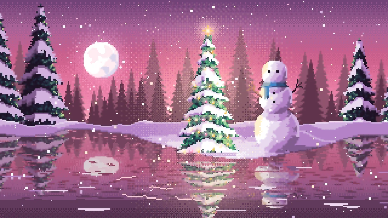 Pink Pixel Art Christmas Snowman by a Frozen Pond desktop wallpaper in 4K