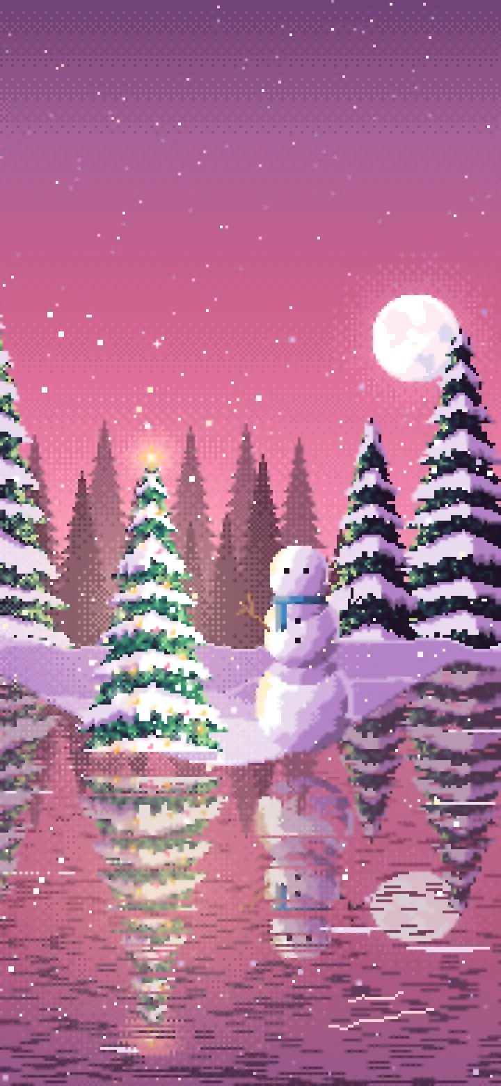 Pink Pixel Art Christmas Snowman by a Frozen Pond wallpaper for iPhone and Android