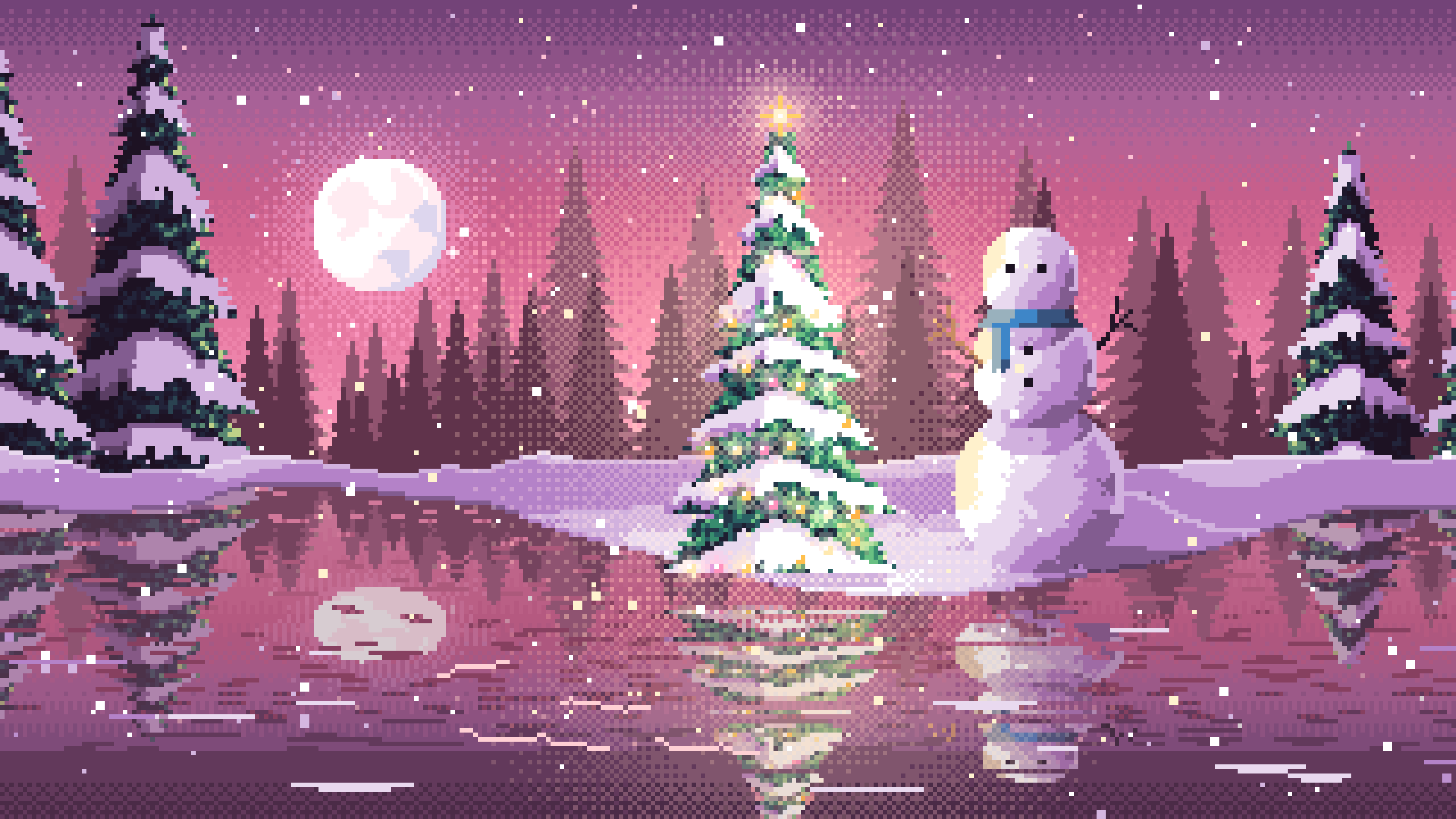 Pink Pixel Art Christmas Snowman by a Frozen Pond desktop wallpaper in 4K