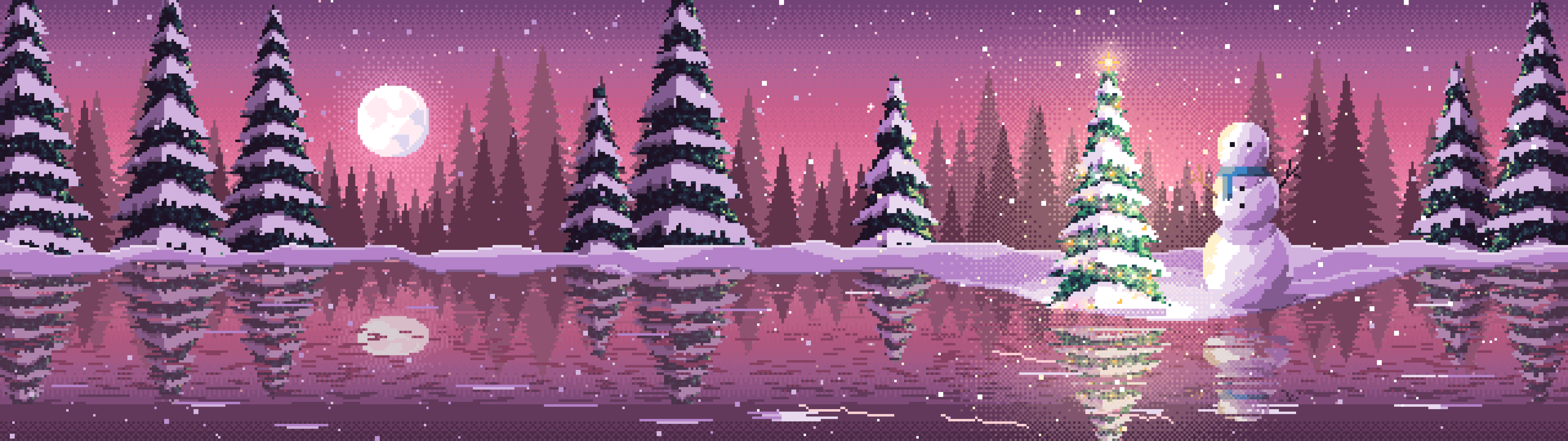 Pink Pixel Art Christmas Snowman by a Frozen Pond dual monitor wallpaper, 7680 × 2160