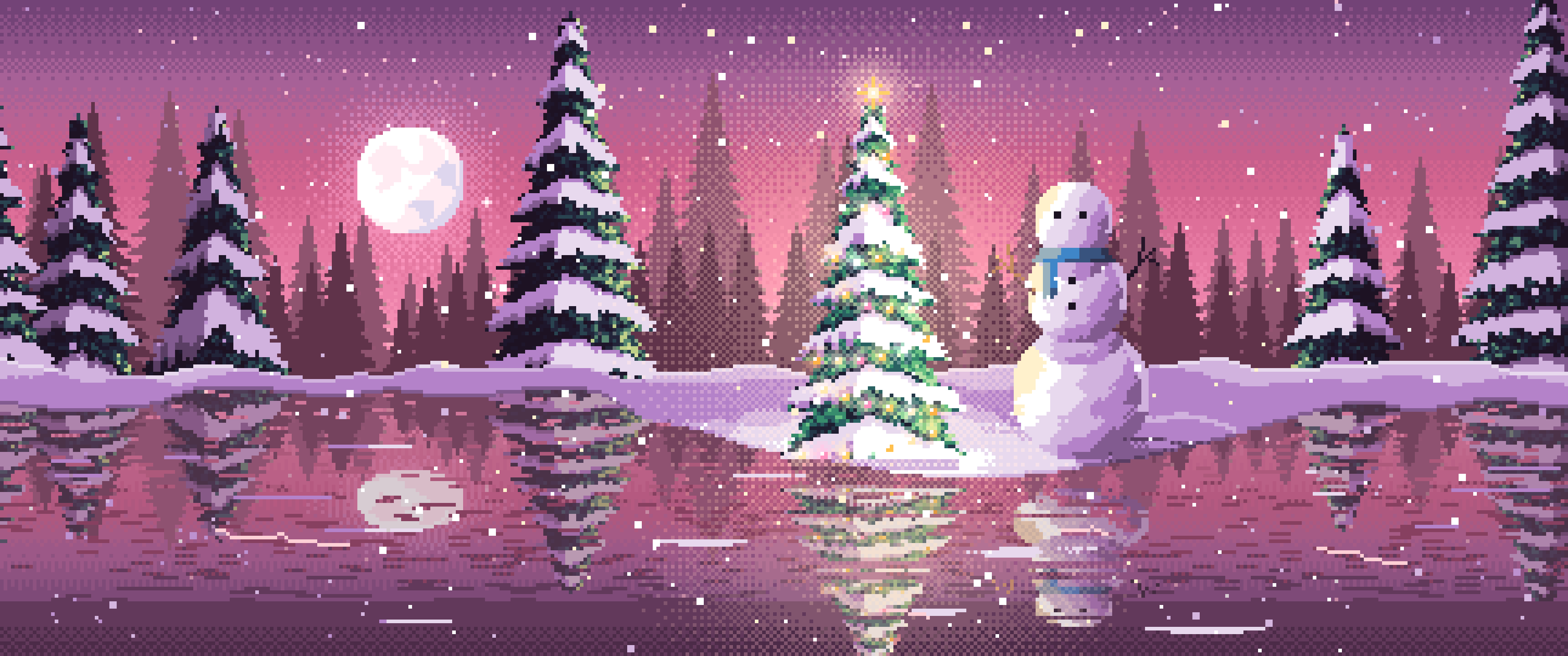 Pink Pixel Art Christmas Snowman by a Frozen Pond ultrawide wallpaper, 3440 × 1440