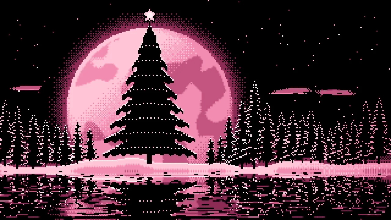 Pink Pixel Art Christmas Tree and Full Moon desktop wallpaper in 4K