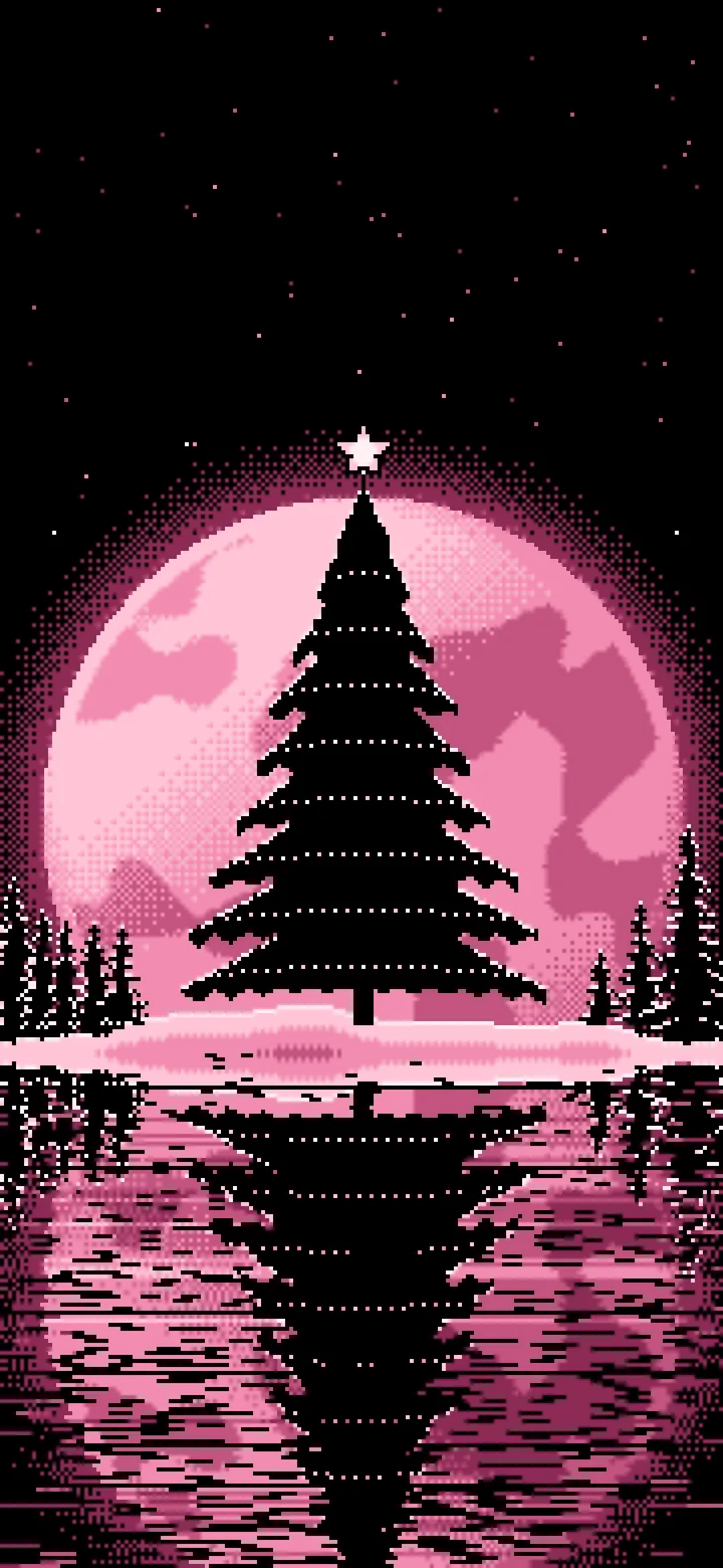 Pink Pixel Art Christmas Tree and Full Moon wallpaper for iPhone and Android