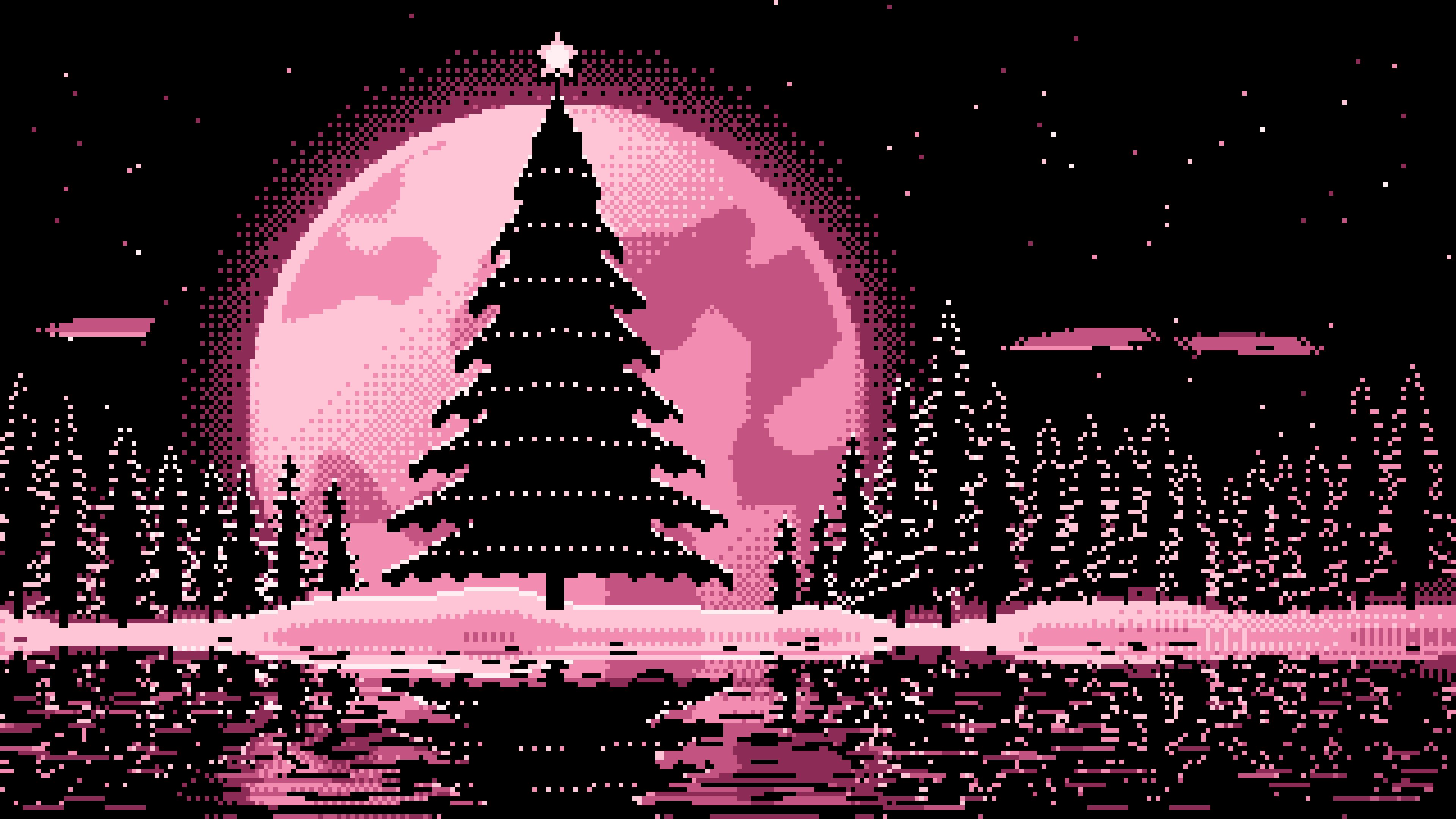 Pink Pixel Art Christmas Tree and Full Moon desktop wallpaper in 4K