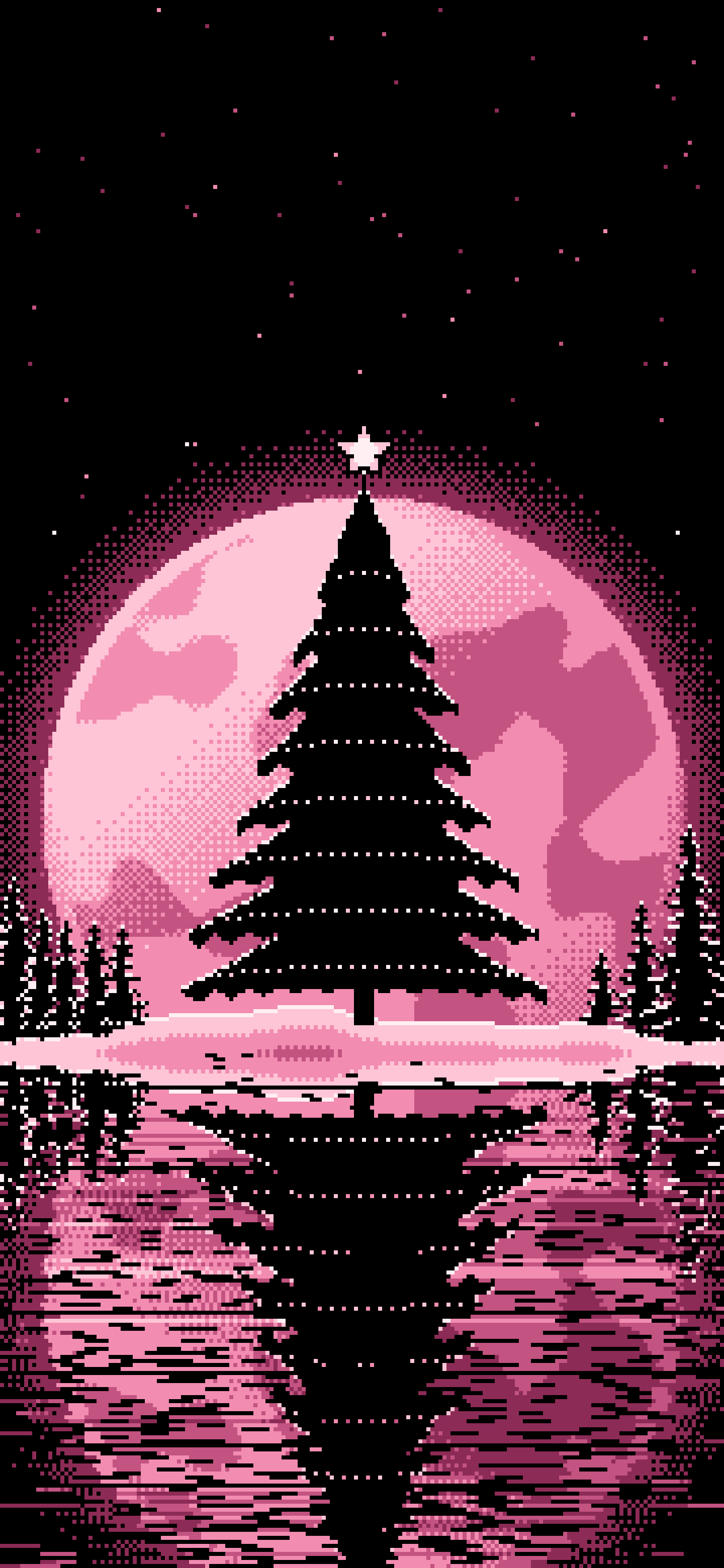Pink Pixel Art Christmas Tree and Full Moon wallpaper for iPhone and Android