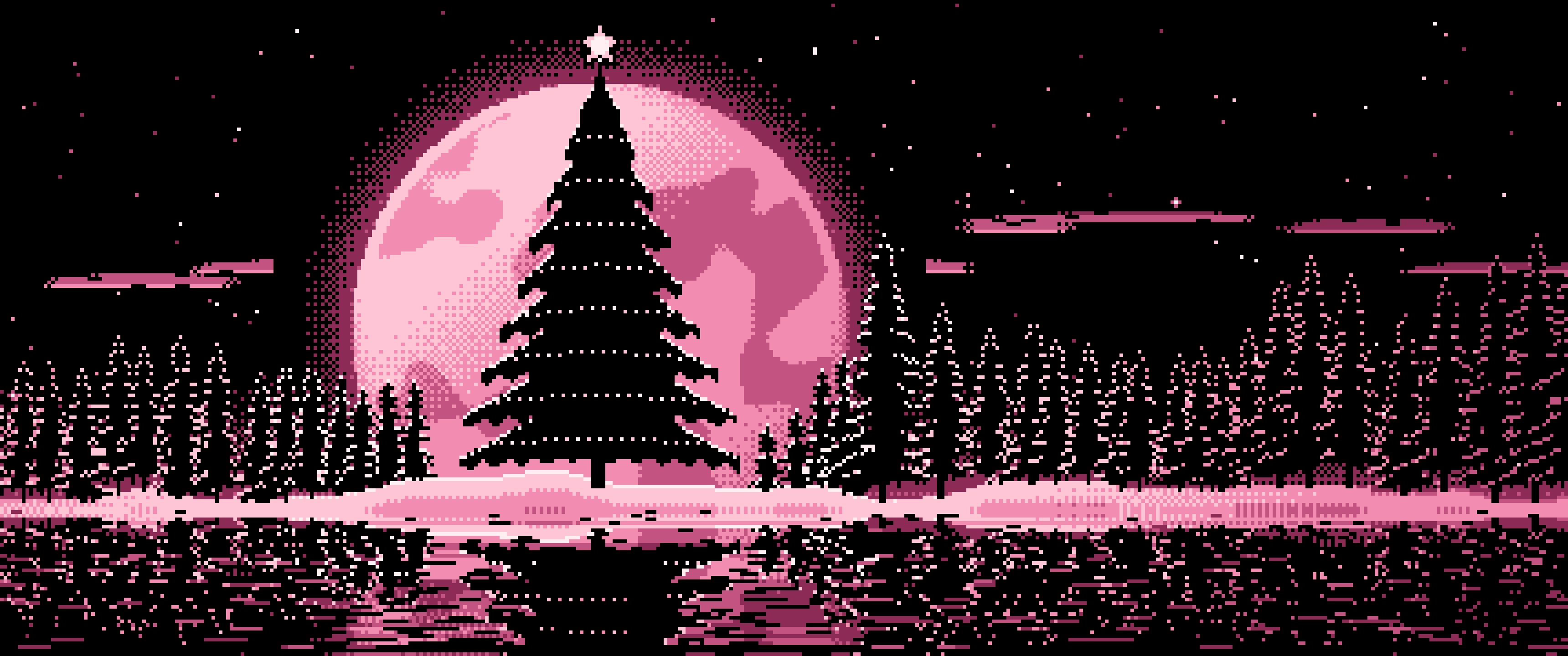 Pink Pixel Art Christmas Tree and Full Moon ultrawide wallpaper, 3440 × 1440