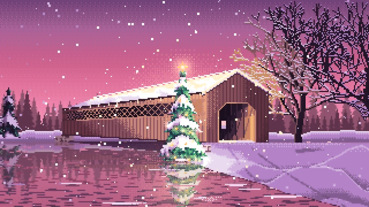 Pink Pixel Art Christmas Tree at a Snowy Covered Bridge desktop wallpaper in 4K