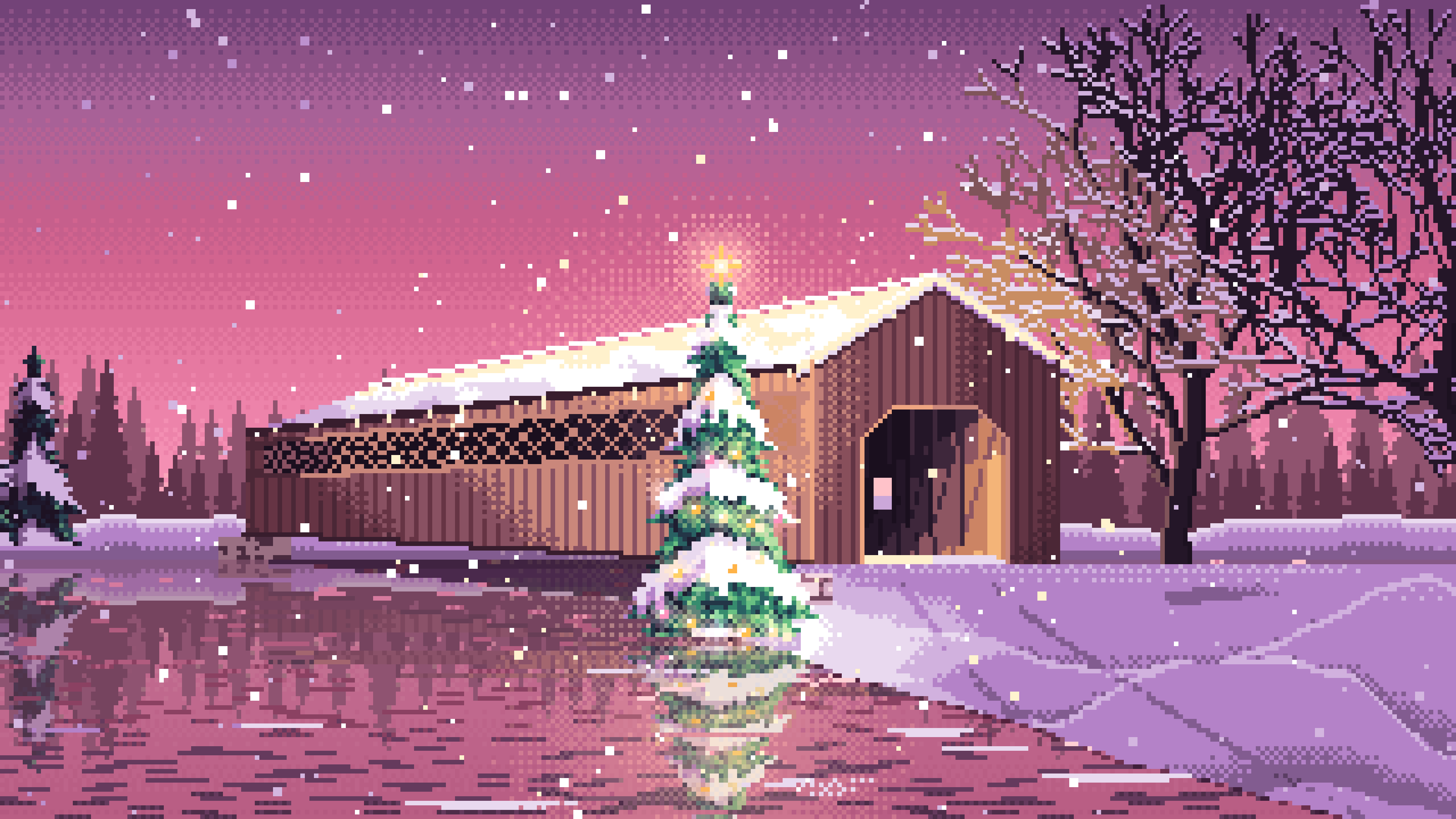 Pink Pixel Art Christmas Tree at a Snowy Covered Bridge desktop wallpaper in 4K