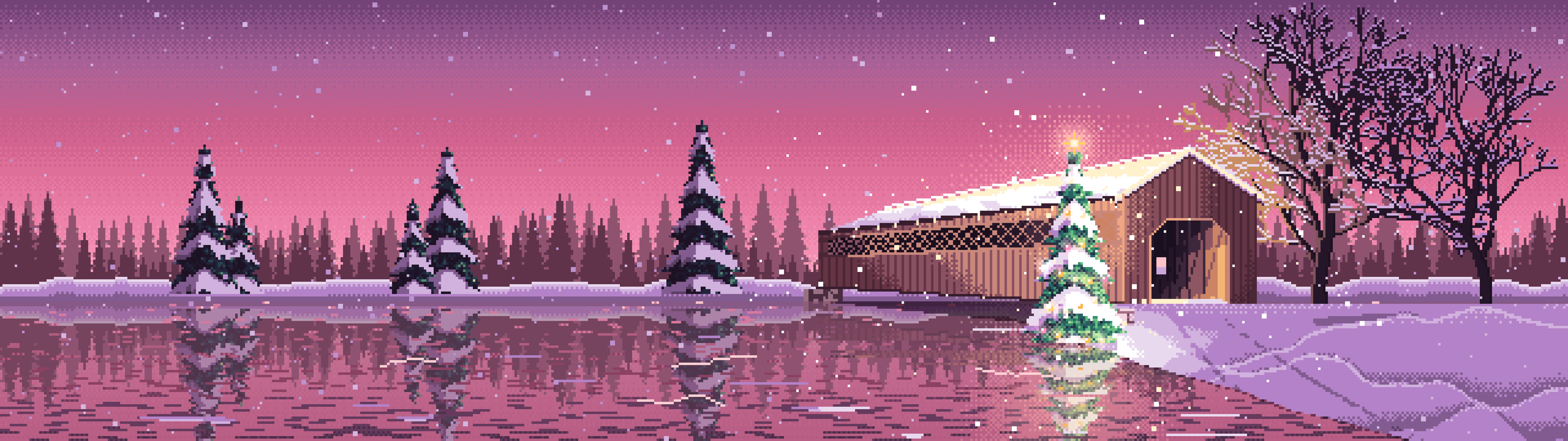 Pink Pixel Art Christmas Tree at a Snowy Covered Bridge dual monitor wallpaper, 7680 × 2160