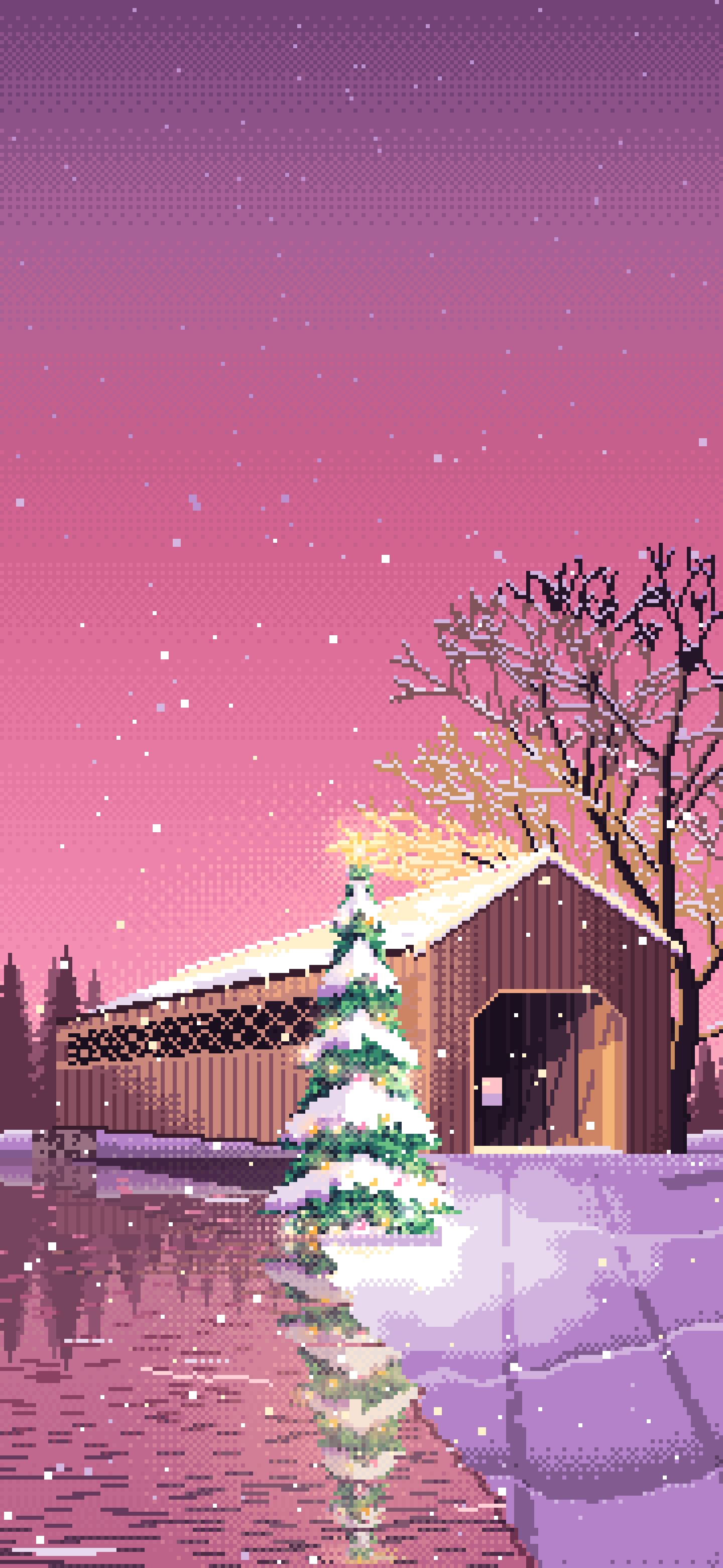 Pink Pixel Art Christmas Tree at a Snowy Covered Bridge wallpaper for iPhone and Android