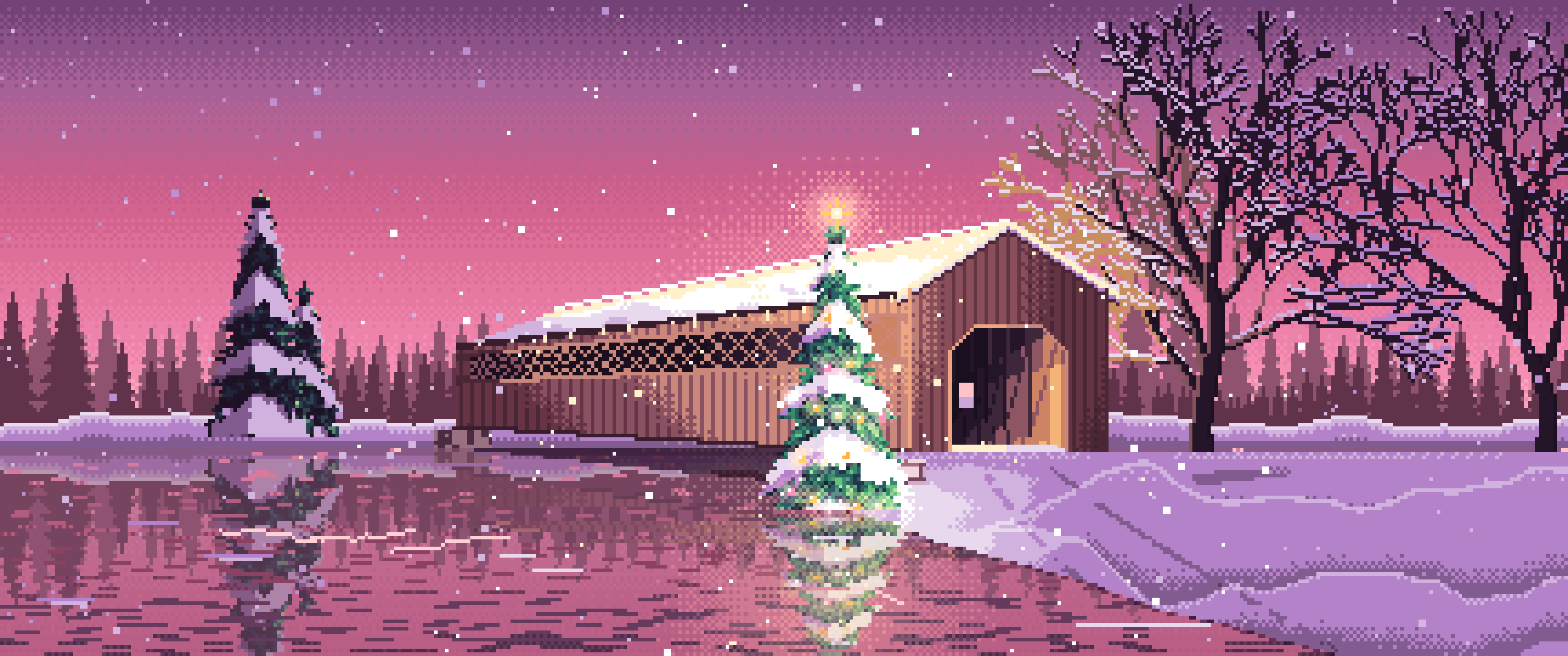 Pink Pixel Art Christmas Tree at a Snowy Covered Bridge ultrawide wallpaper, 3440 × 1440