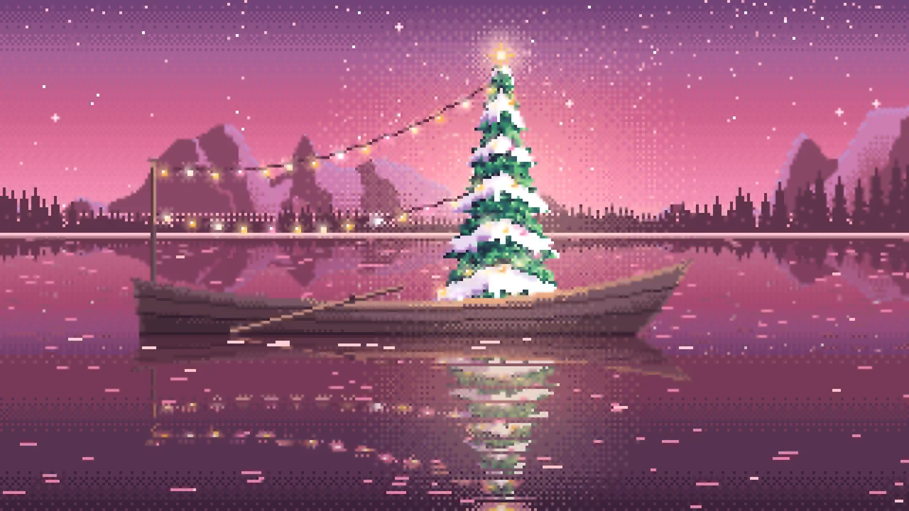 Pink Pixel Art Christmas Tree in a Rowboat on a Lake desktop wallpaper in 4K
