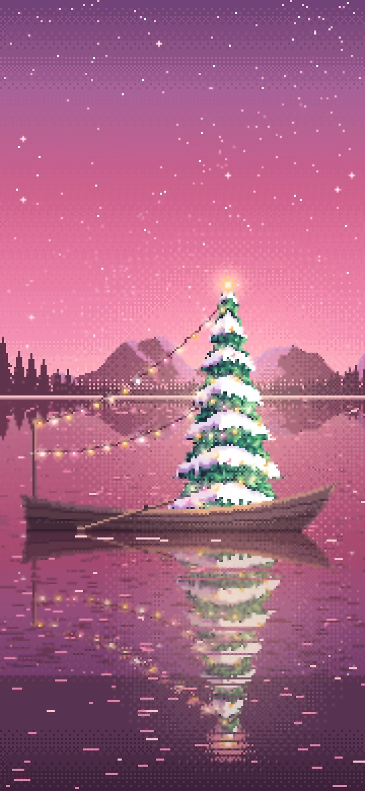 Pink Pixel Art Christmas Tree in a Rowboat on a Lake wallpaper for iPhone and Android