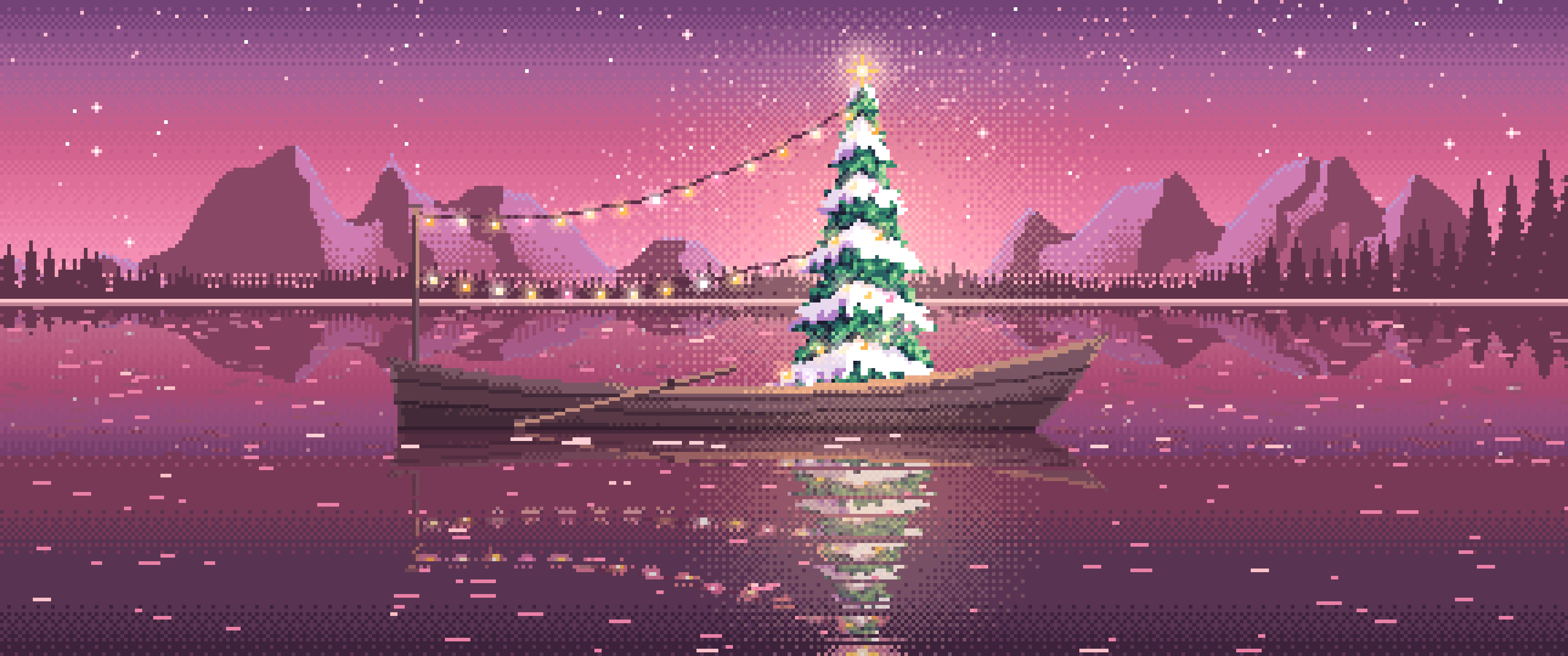 Pink Pixel Art Christmas Tree in a Rowboat on a Lake ultrawide wallpaper, 3440 × 1440