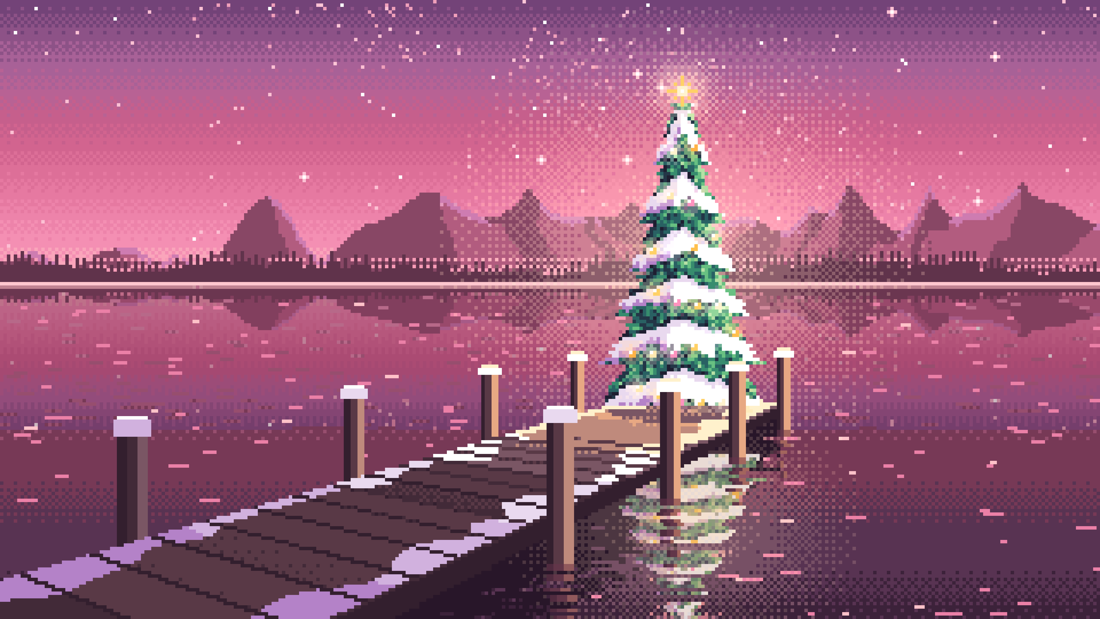 Pink Pixel Art Christmas Tree on a Lake Jetty desktop wallpaper in 4K