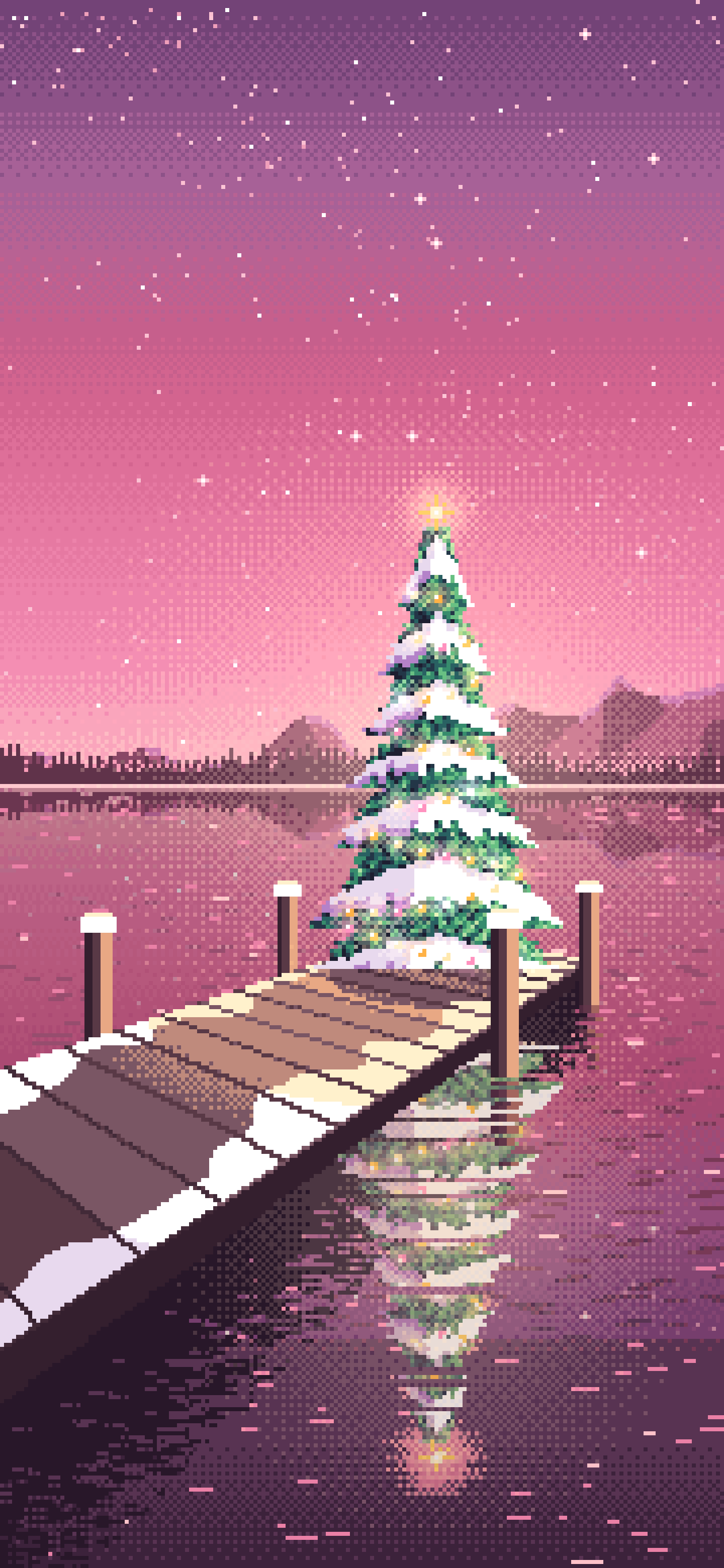 Pink Pixel Art Christmas Tree on a Lake Jetty wallpaper for iPhone and Android