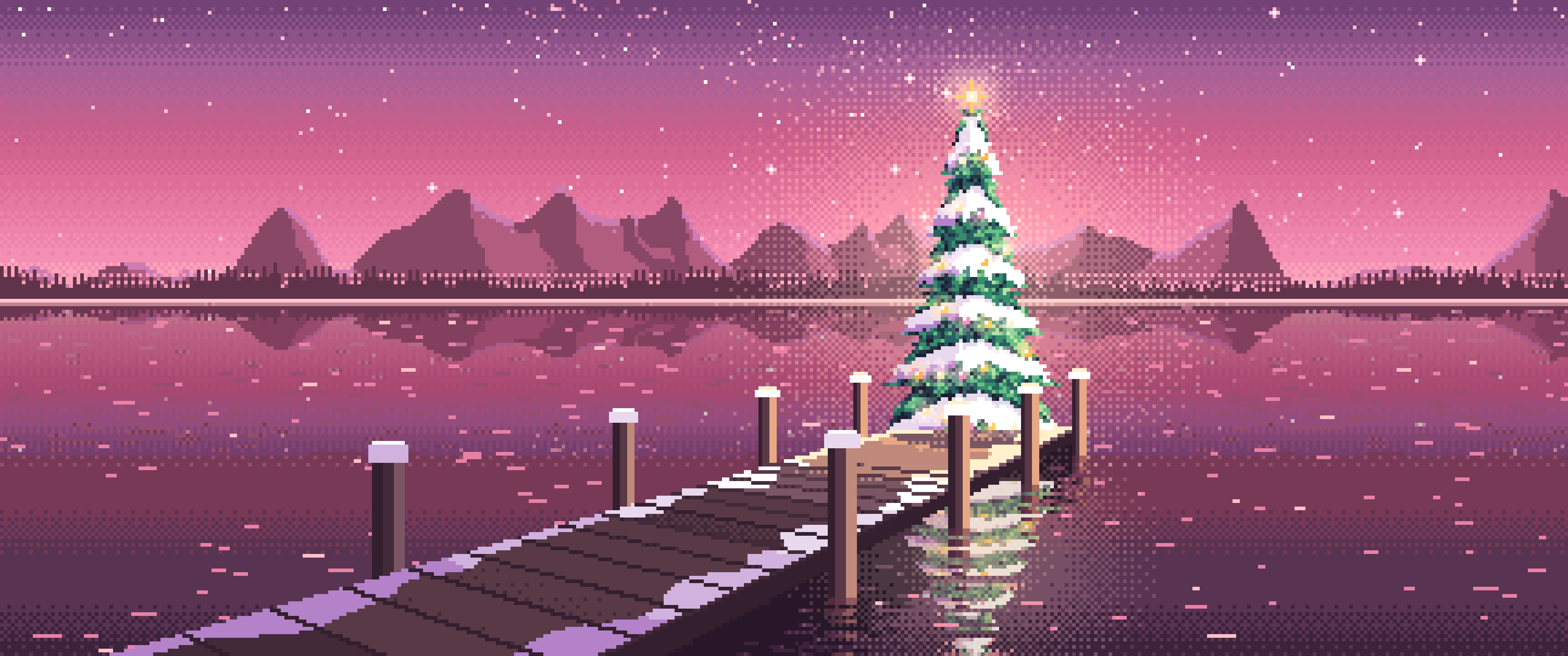 Pink Pixel Art Christmas Tree on a Lake Jetty ultrawide wallpaper, 3440 × 1440