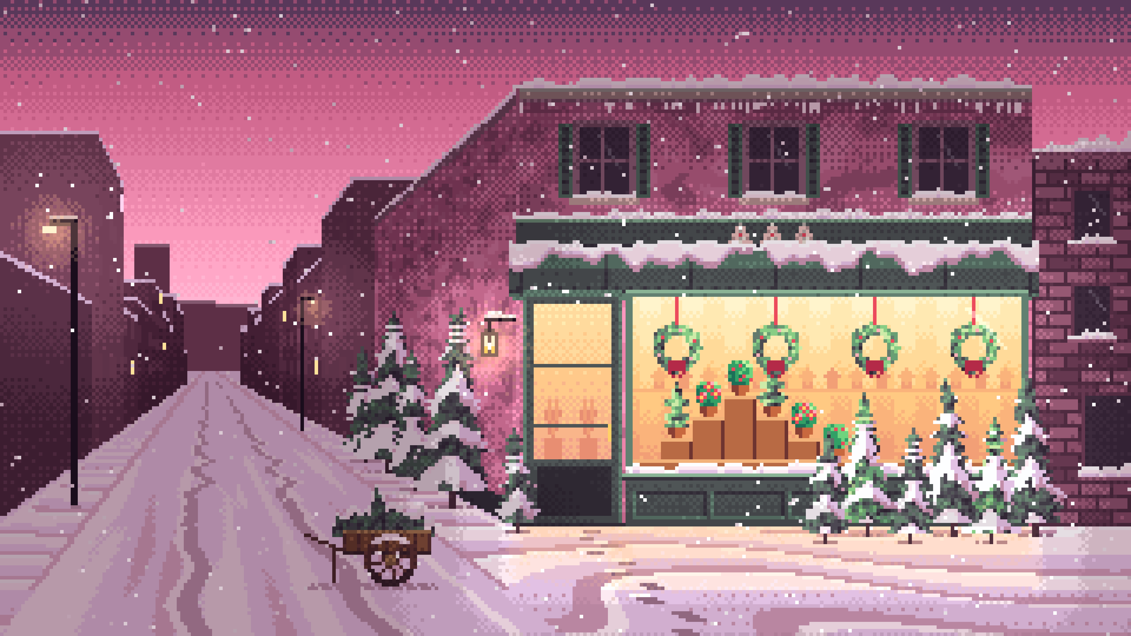 Pink Pixel Art Christmas Tree Shop desktop wallpaper in 4K