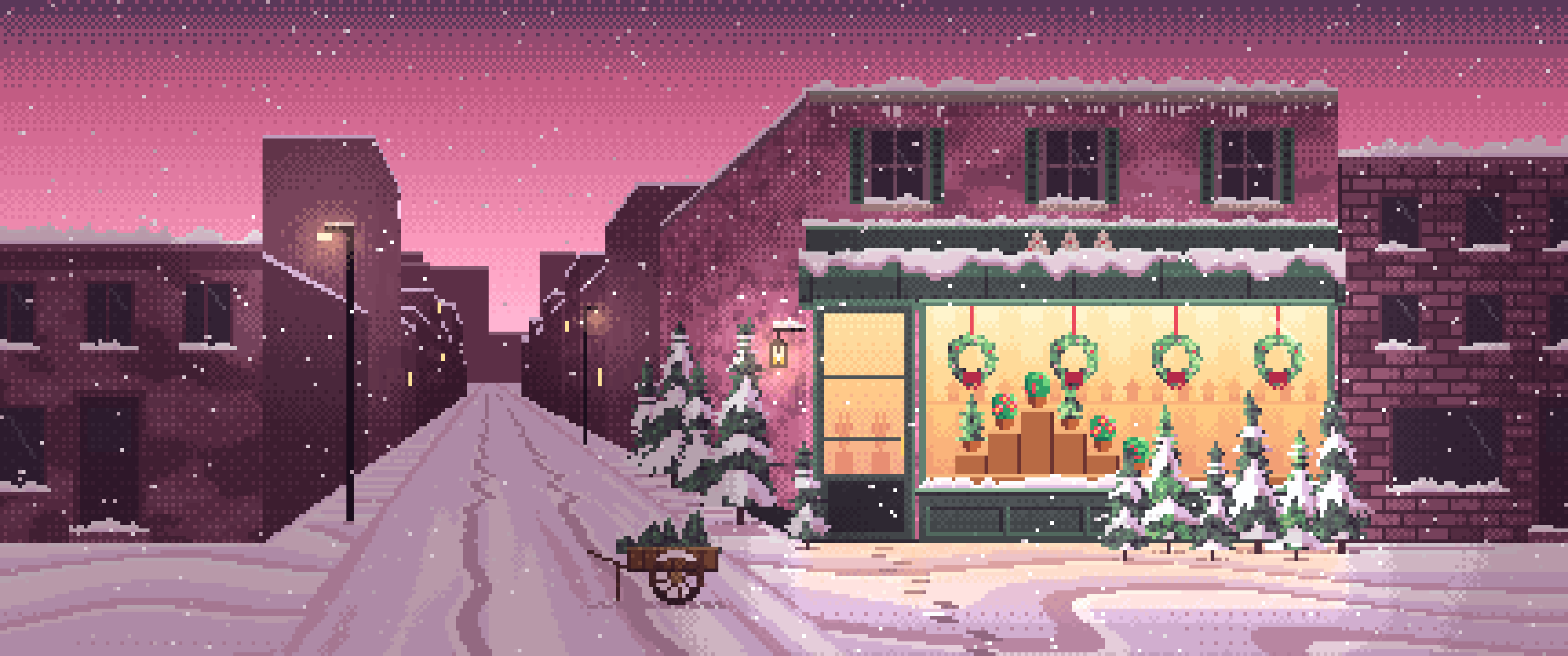 Pink Pixel Art Christmas Tree Shop ultrawide wallpaper, 3440 × 1440