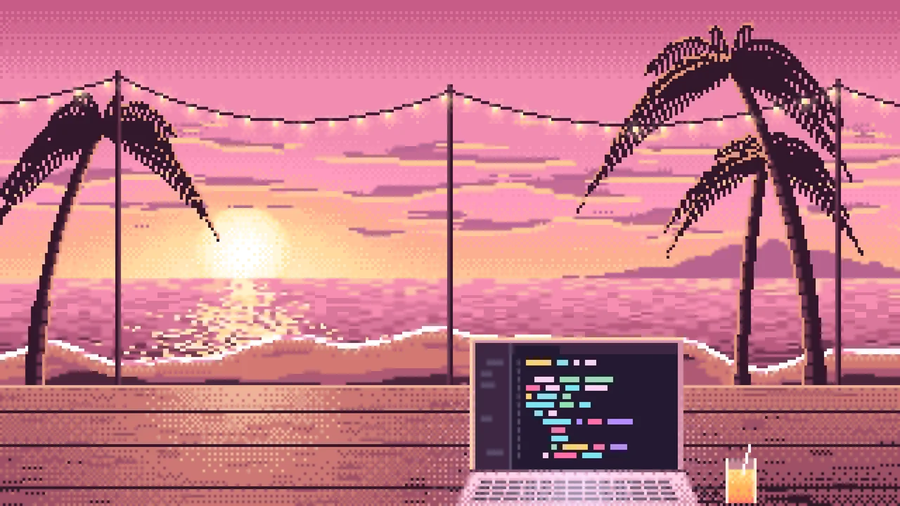 Pink Pixel Art Coding at the Beach at Sunset desktop wallpaper in 4K