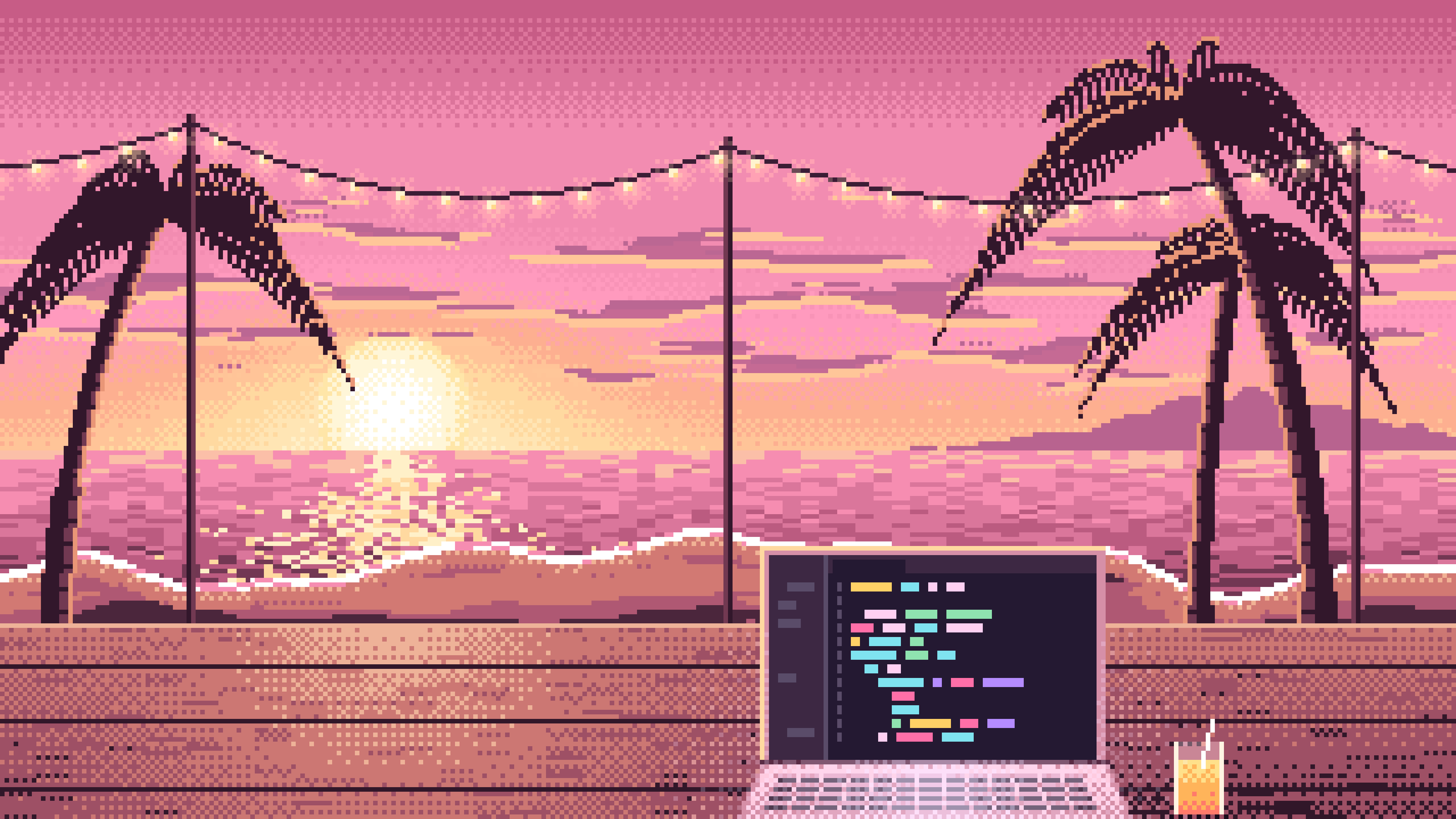 Pink Pixel Art Coding at the Beach at Sunset desktop wallpaper in 4K