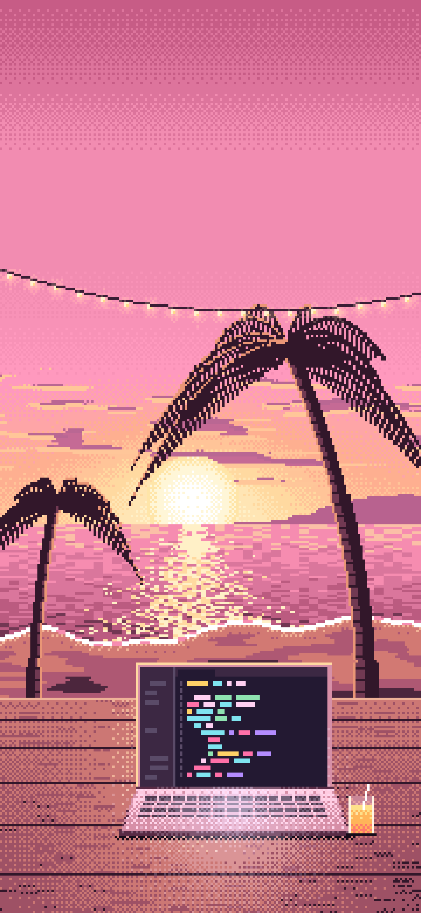 Pink Pixel Art Coding at the Beach at Sunset wallpaper for iPhone and Android