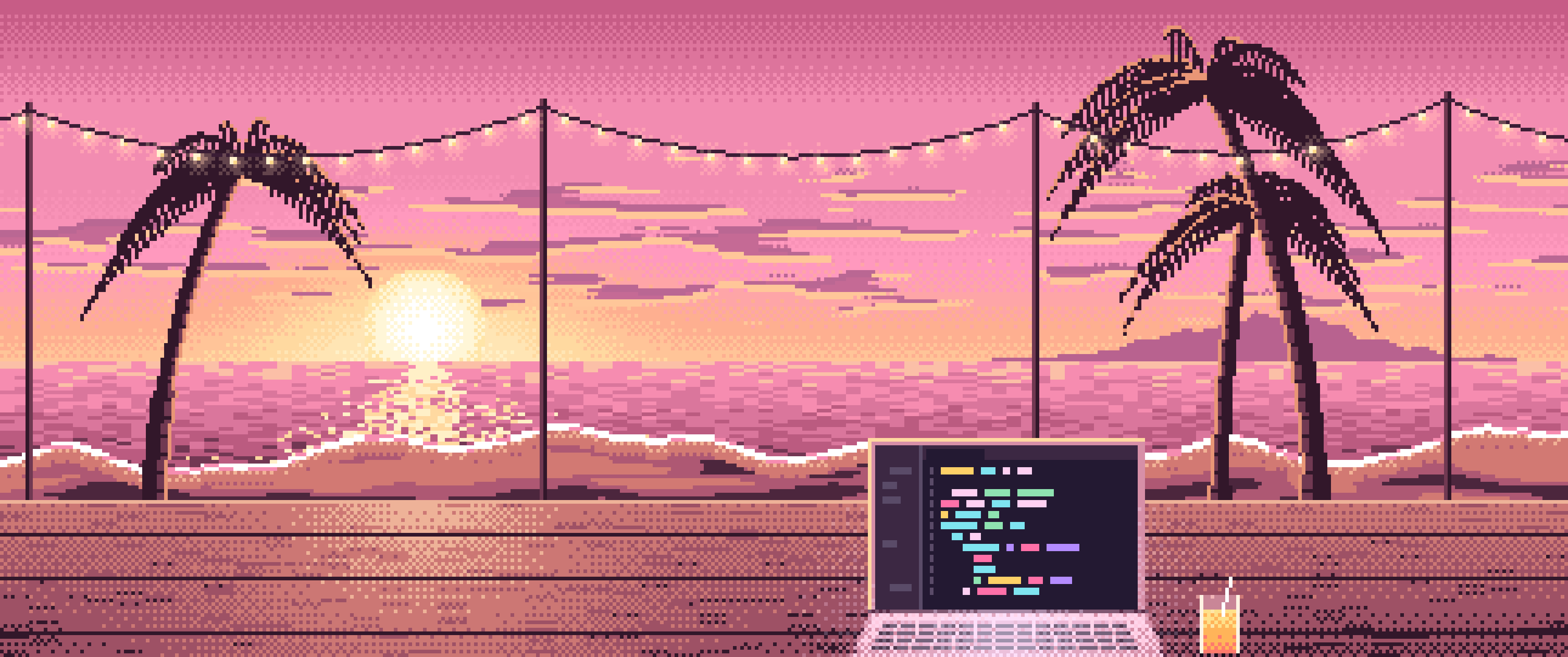 Pink Pixel Art Coding at the Beach at Sunset ultrawide wallpaper, 3440 × 1440