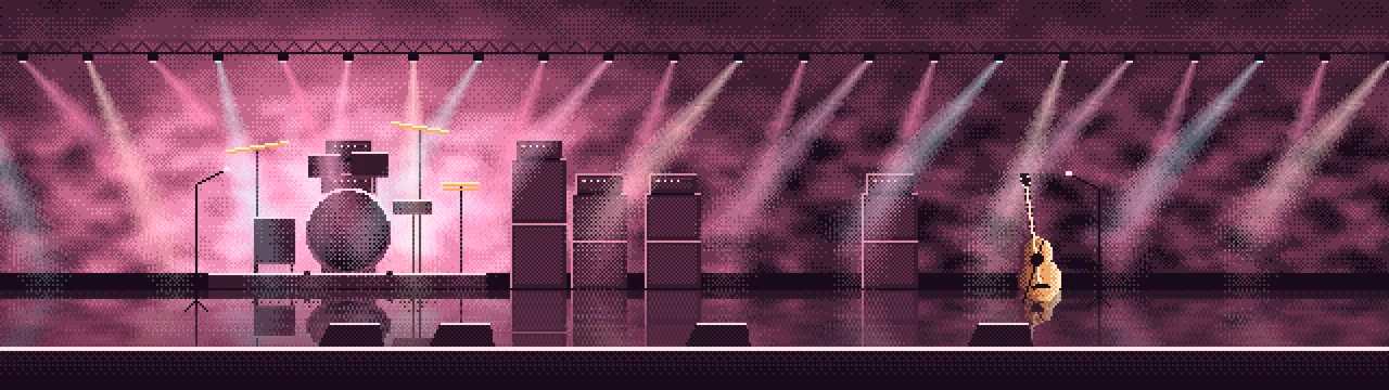 Pink Pixel Art Concert Stage dual monitor wallpaper, 7680 × 2160