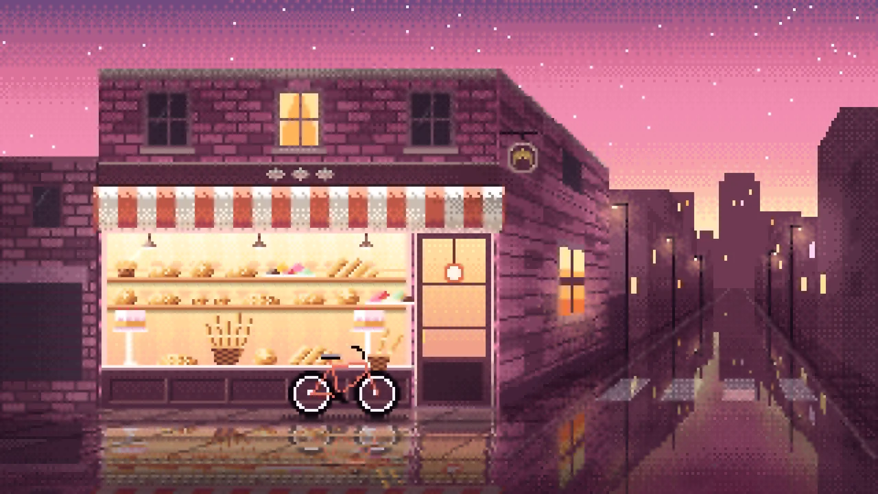 Pink Pixel Art Corner Bakery desktop wallpaper in 4K