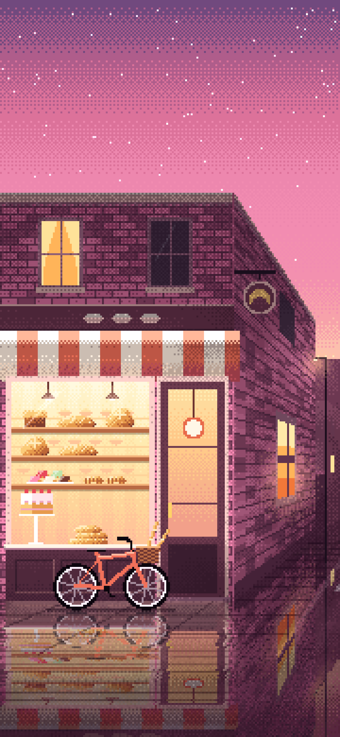 Pink Pixel Art Corner Bakery wallpaper for iPhone and Android