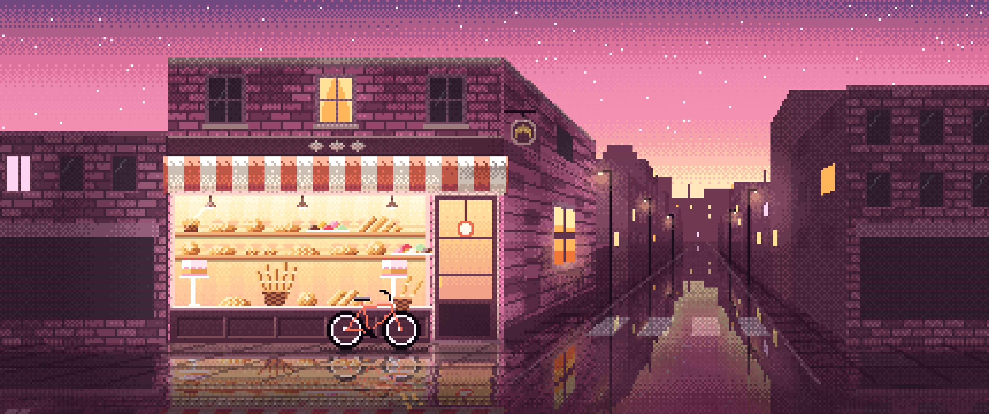 Pink Pixel Art Corner Bakery ultrawide wallpaper, 3440 × 1440