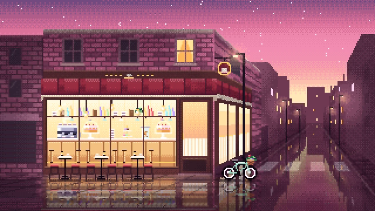 Pink Pixel Art Corner Cafe desktop wallpaper in 4K