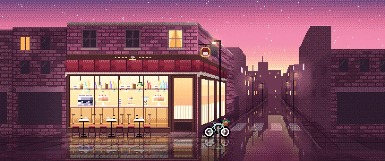 Pink Pixel Art Corner Cafe ultrawide wallpaper, 3440 × 1440