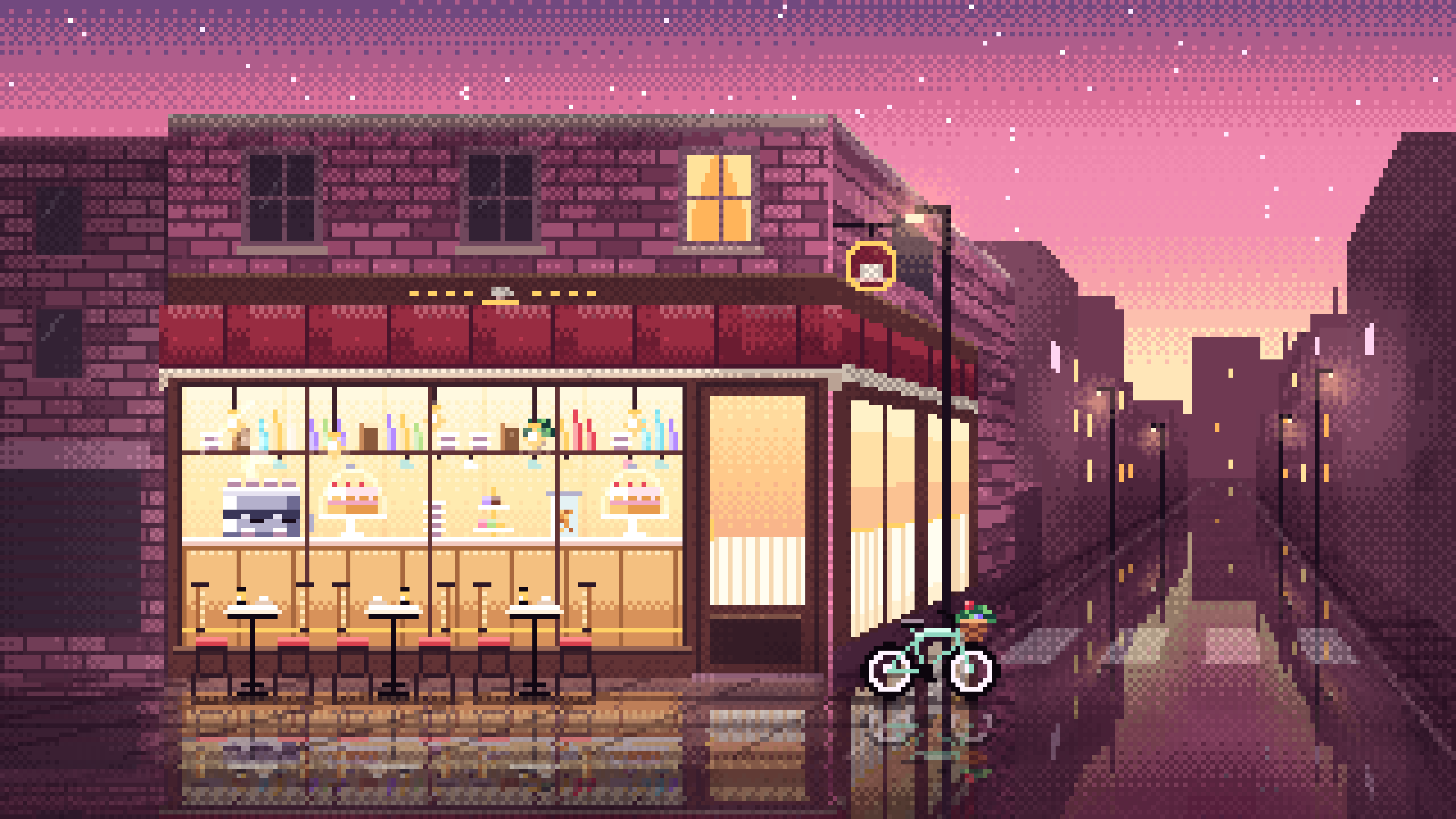 Pink Pixel Art Corner Cafe desktop wallpaper in 4K