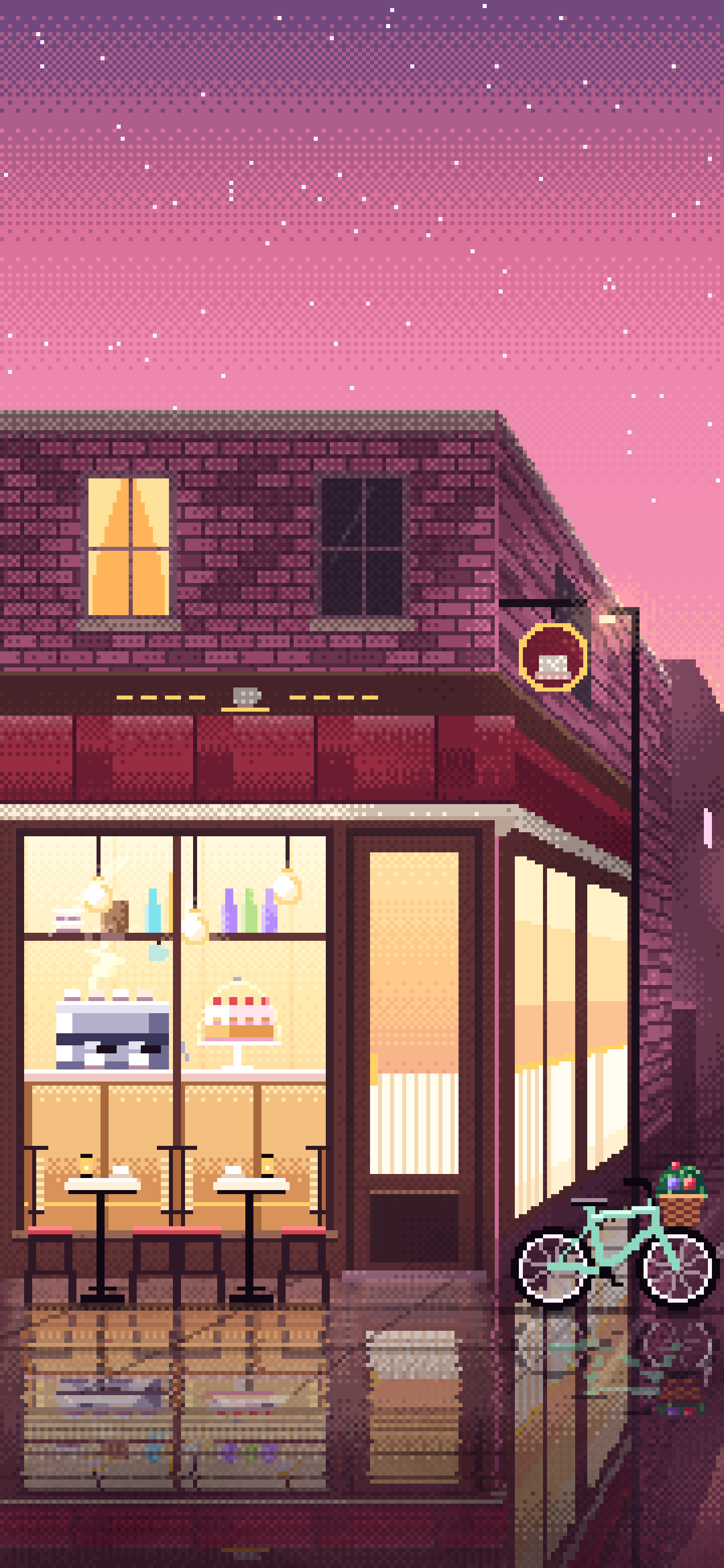 Pink Pixel Art Corner Cafe wallpaper for iPhone and Android