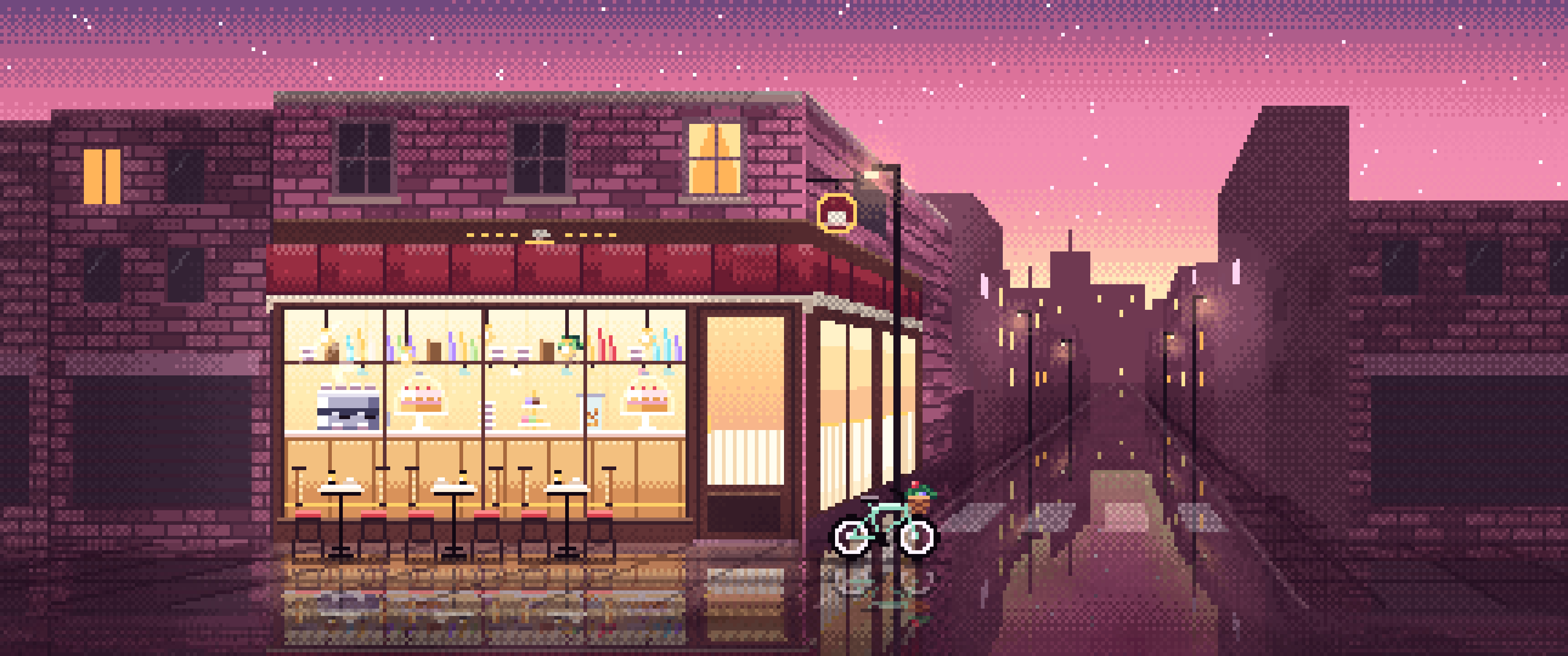 Pink Pixel Art Corner Cafe ultrawide wallpaper, 3440 × 1440